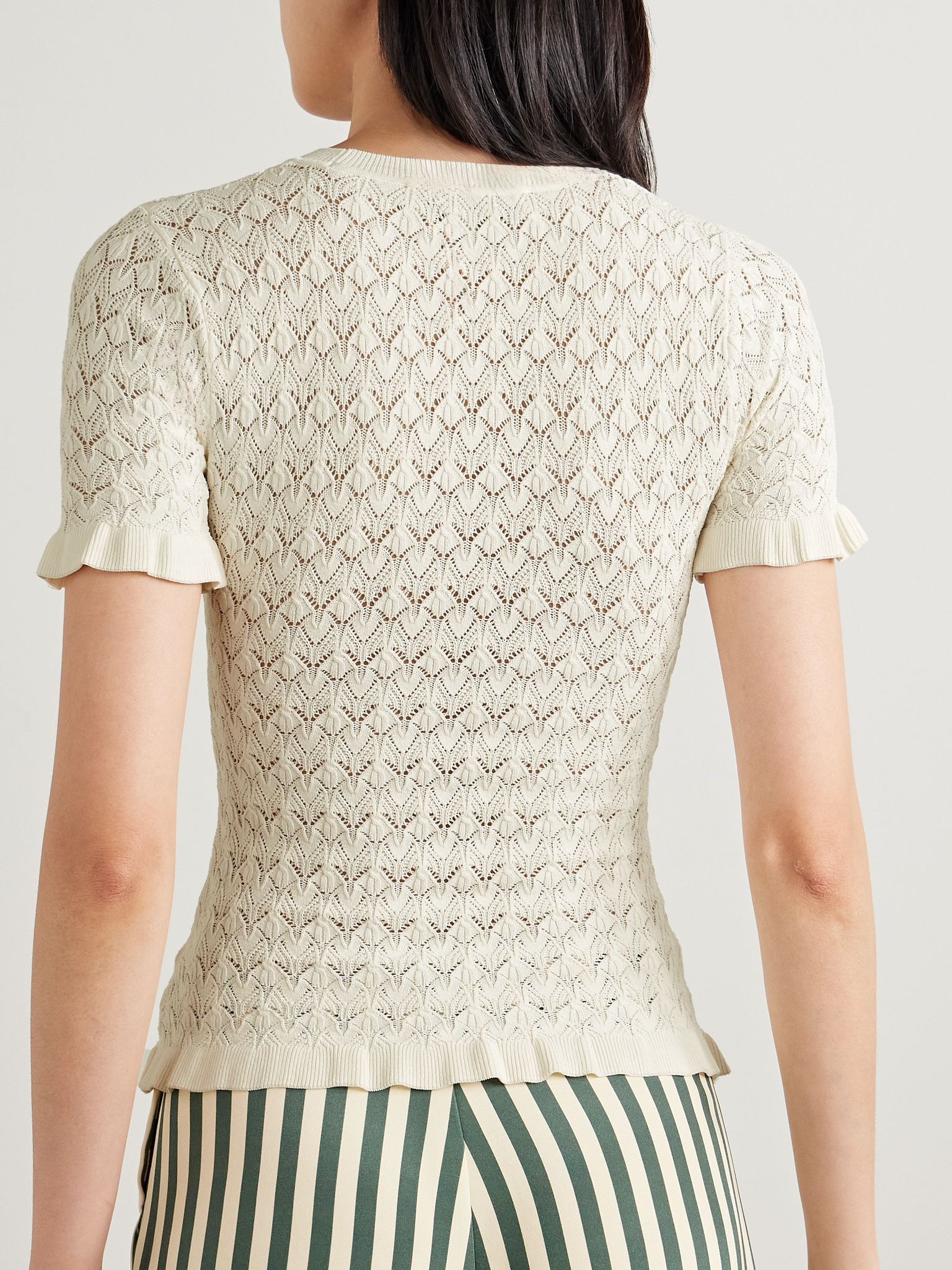 Rue ruffled pointelle-knit top Cream - 4
