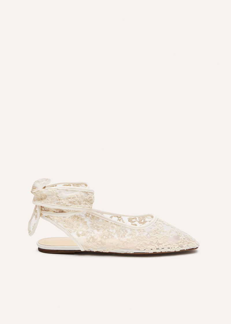 Lace ankle-wrap flats in white 1