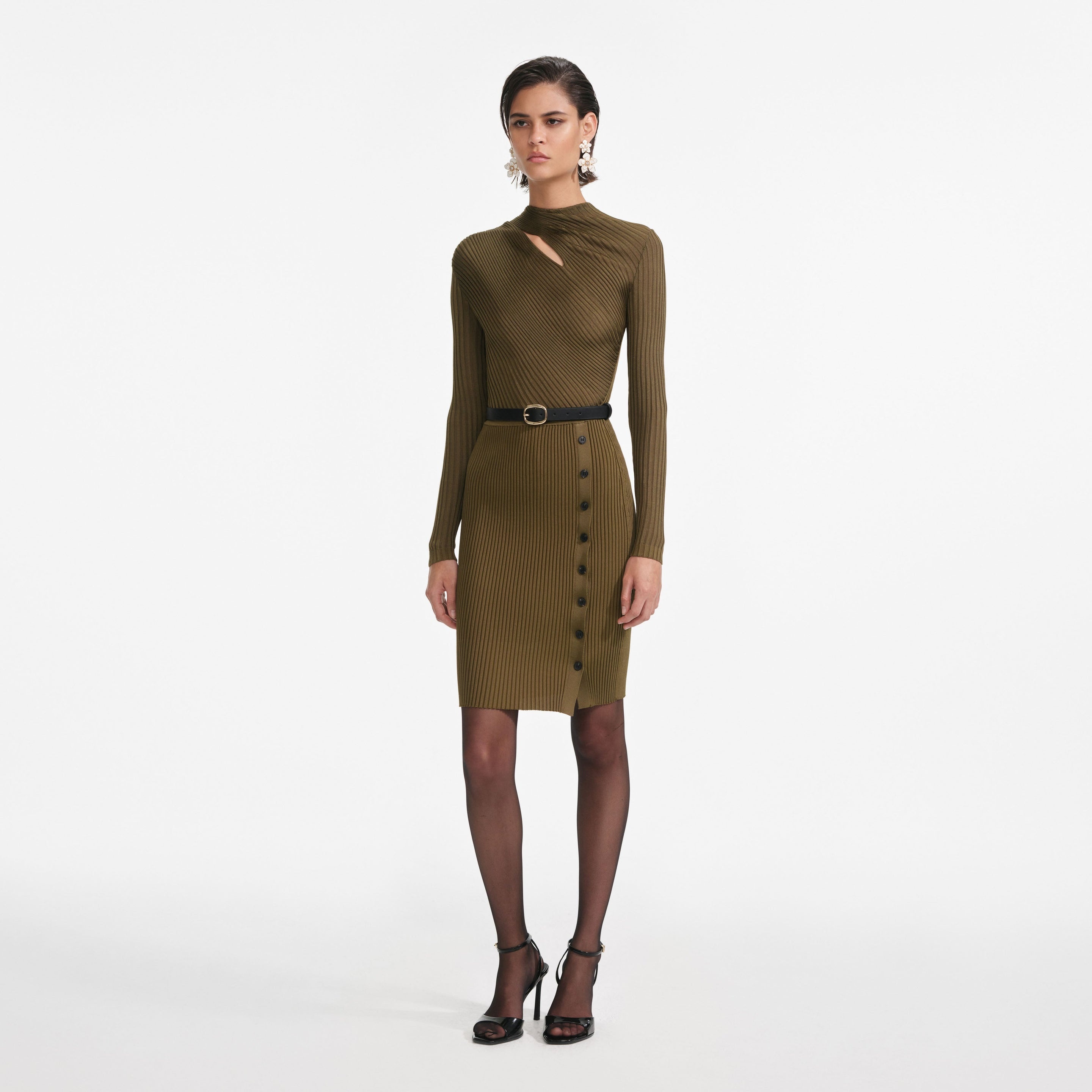 Khaki Cut Out Rib Knit Mini Dress - 2