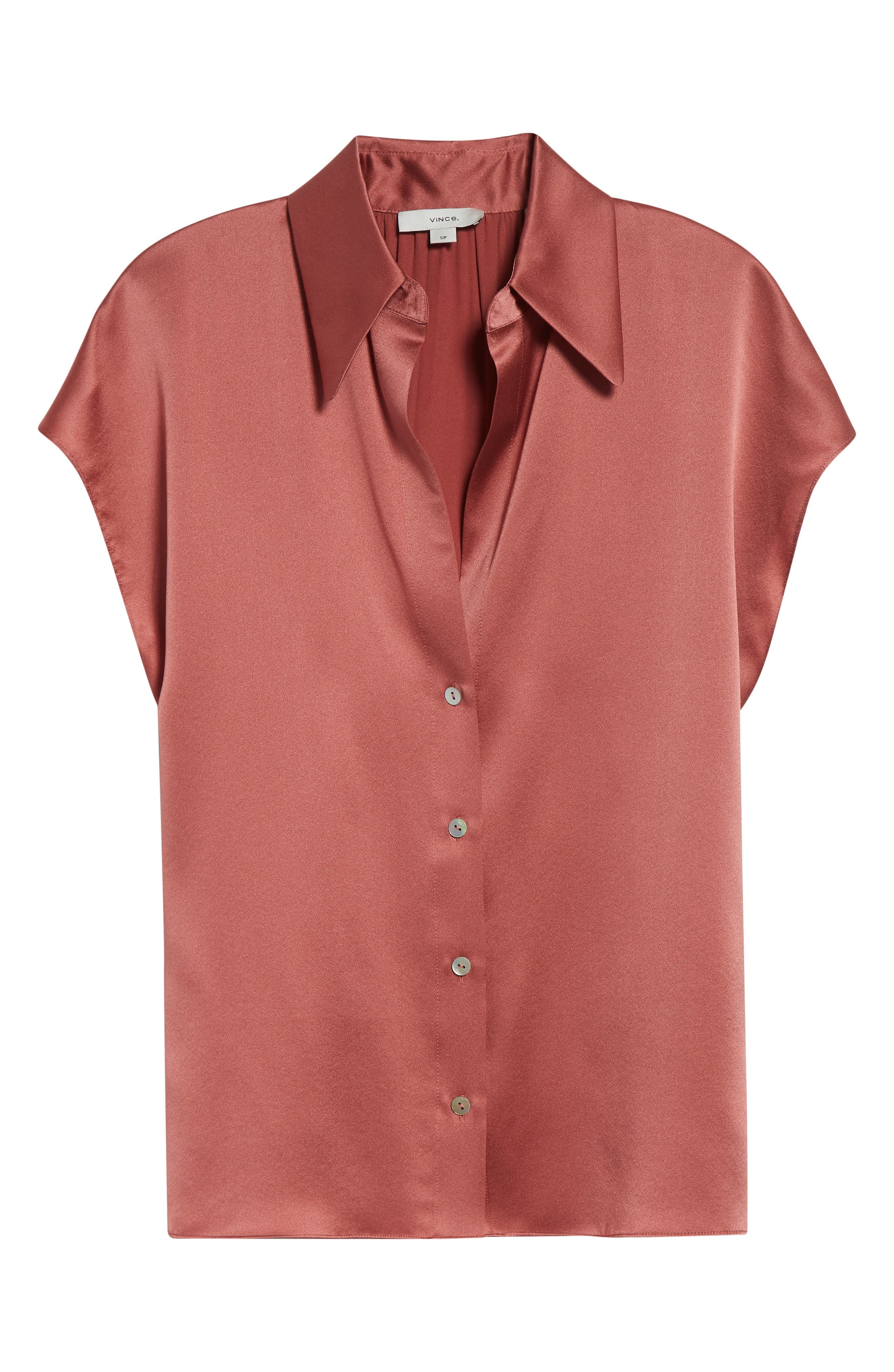 Vince Cap Sleeve Gathered Back Short Sleeve Silk Button-Up Shirt in Peony Wood at Nordstrom - 5
