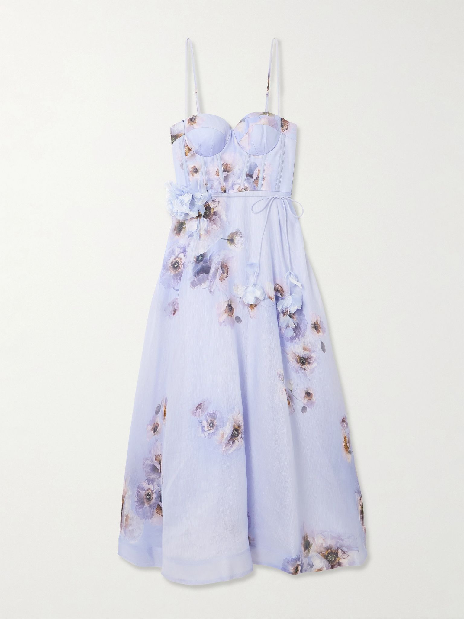 Hypnotic Picnic belted appliquéd floral-print linen and silk-blend midi dress Lilac - 1