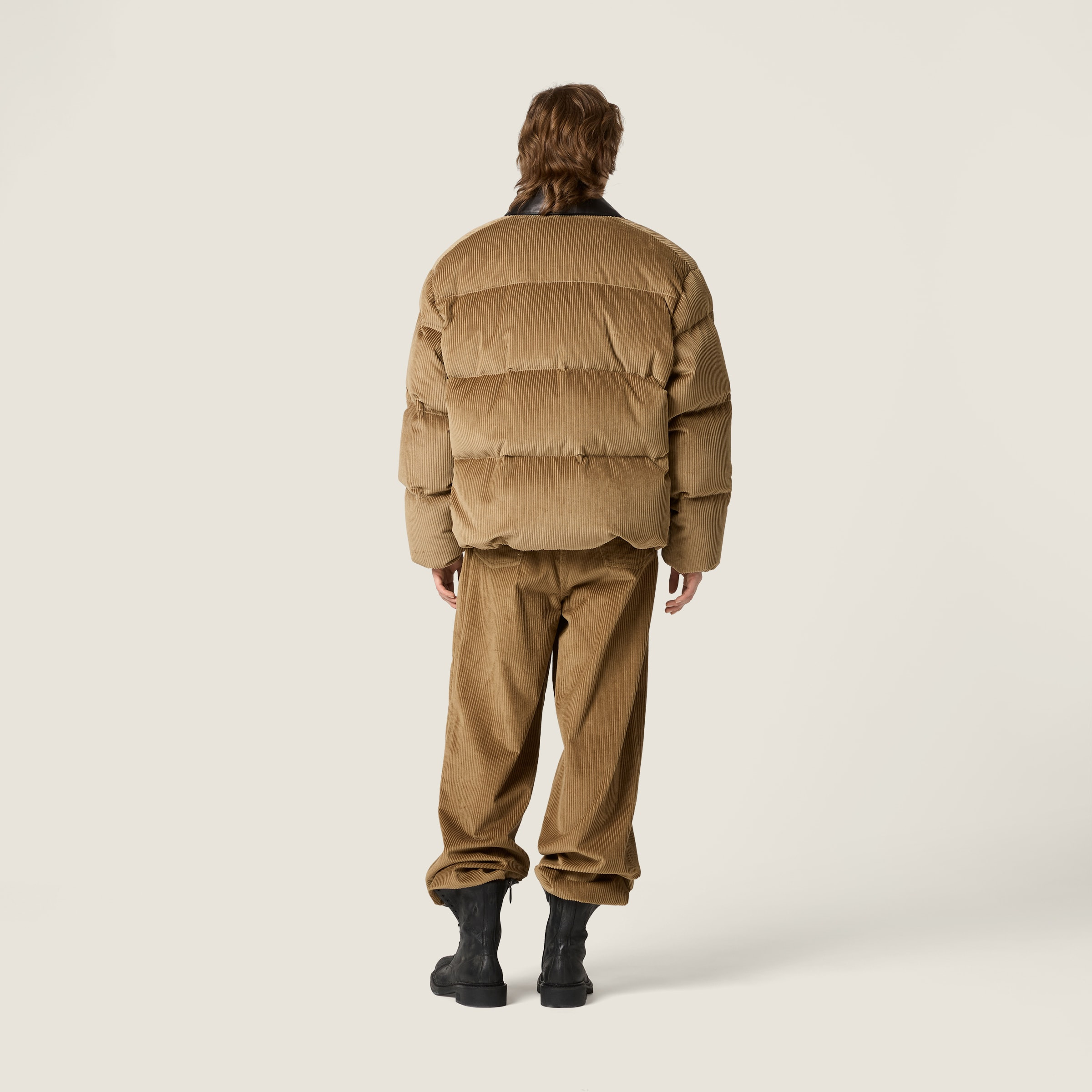 Corduroy and nappa leather down jacket - 3
