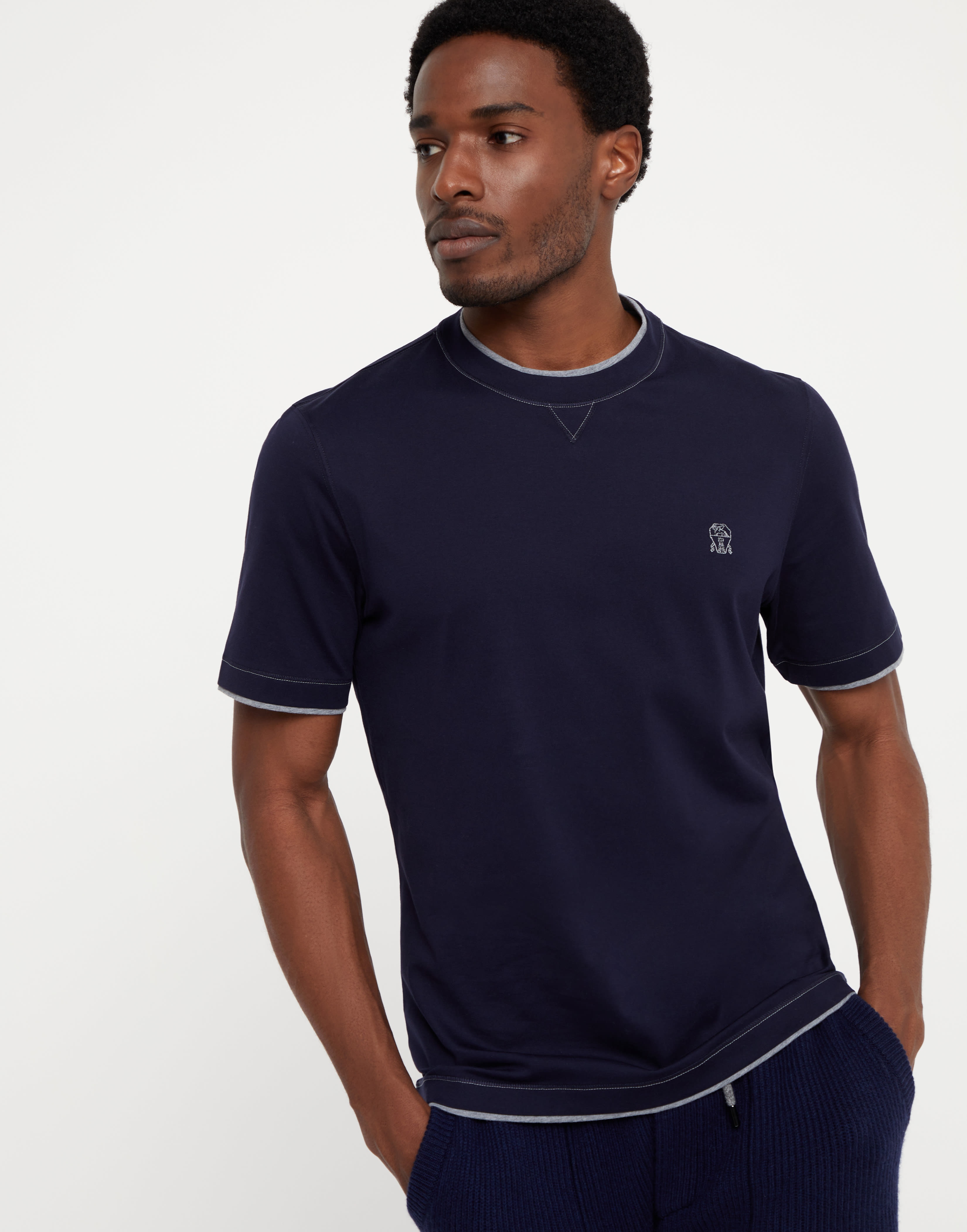 Cotton jersey crew neck T-shirt with logo and faux-layering - 1