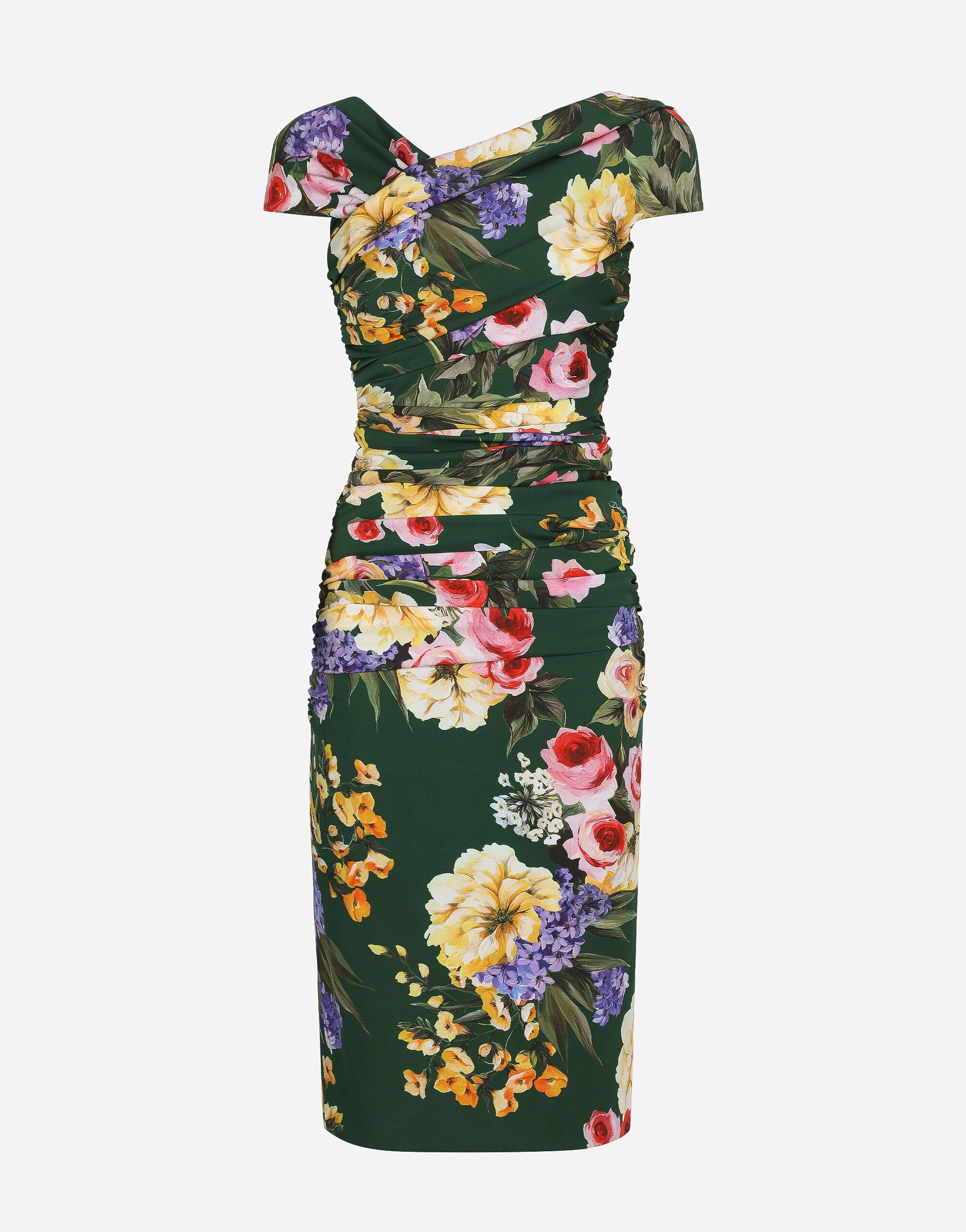 Charmeuse draped sheath dress with garden print - 1