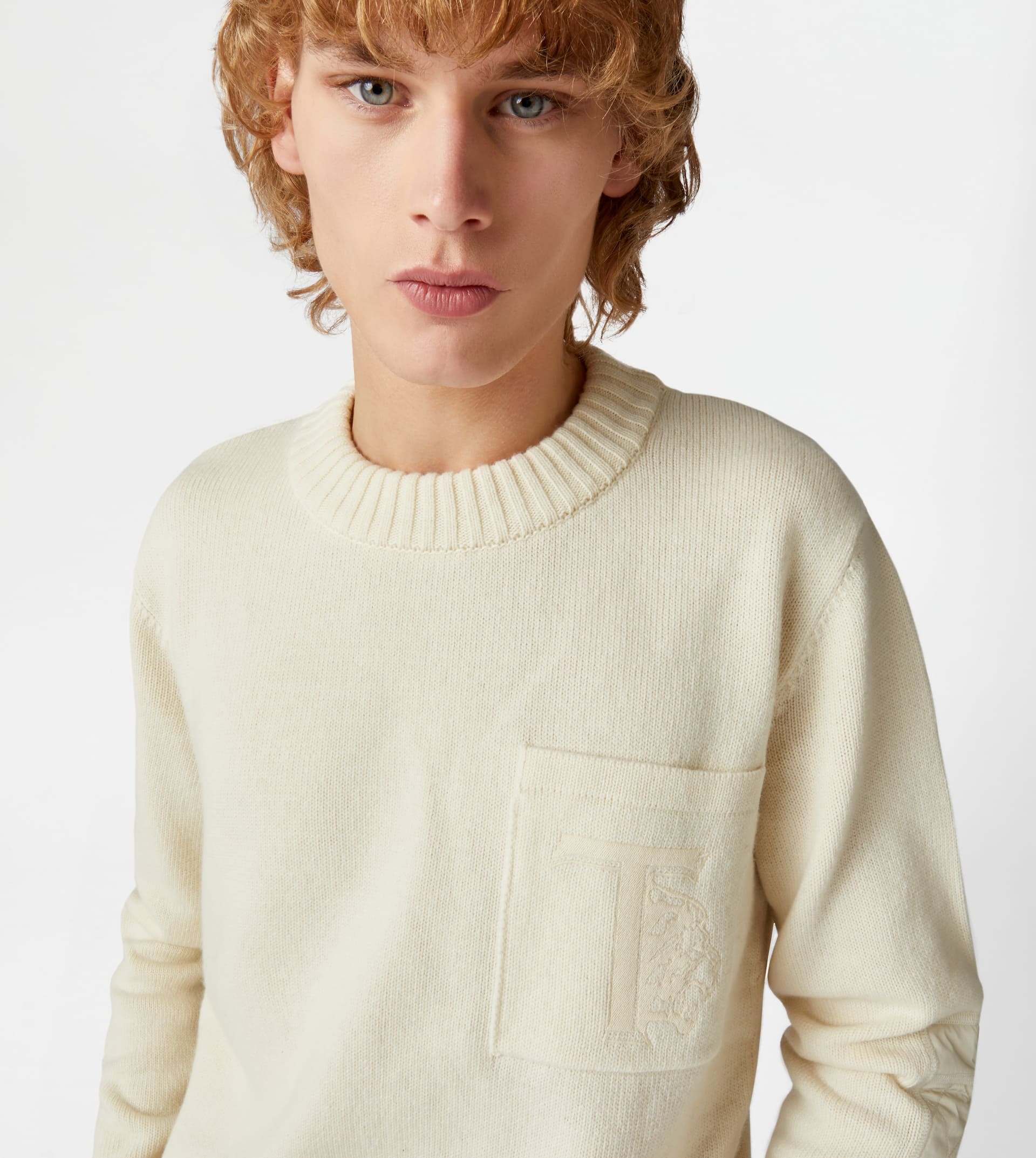 TOD'S ROUND NECK JUMPER WITH QUILTED PATCHES - WHITE - 3