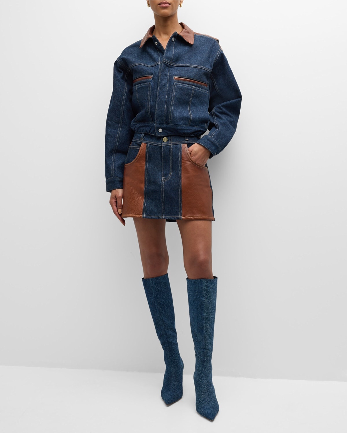 Atelier Denim and Leather Mini Skirt - 3