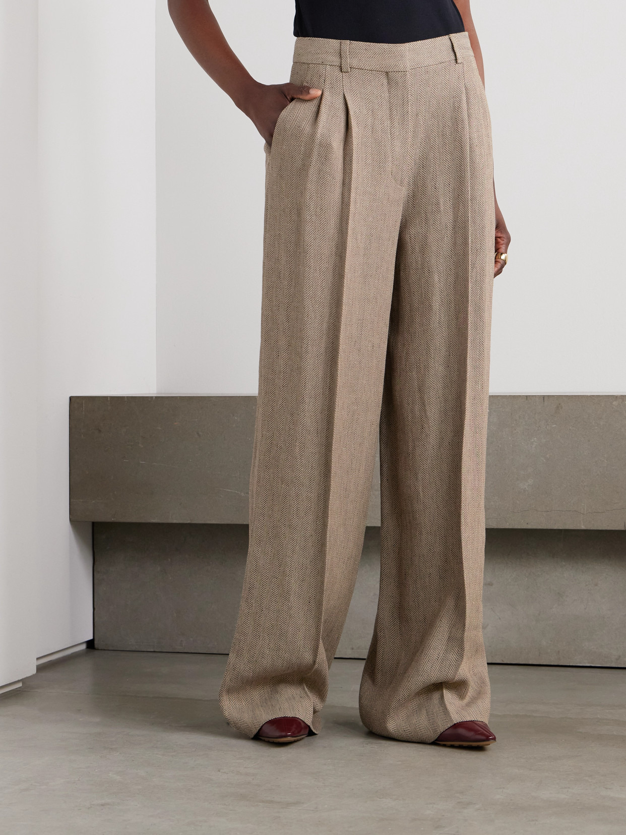 Nyack Pleated Herringbone Linen Wide-leg Pants - 4