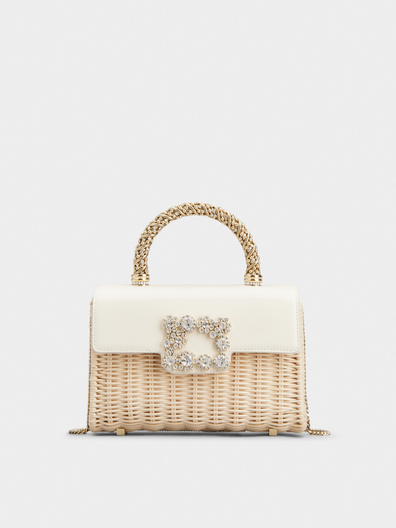 Wicker Jewel Mini Flower Strass Buckle Clutch Bag in Leather and Rattan 1