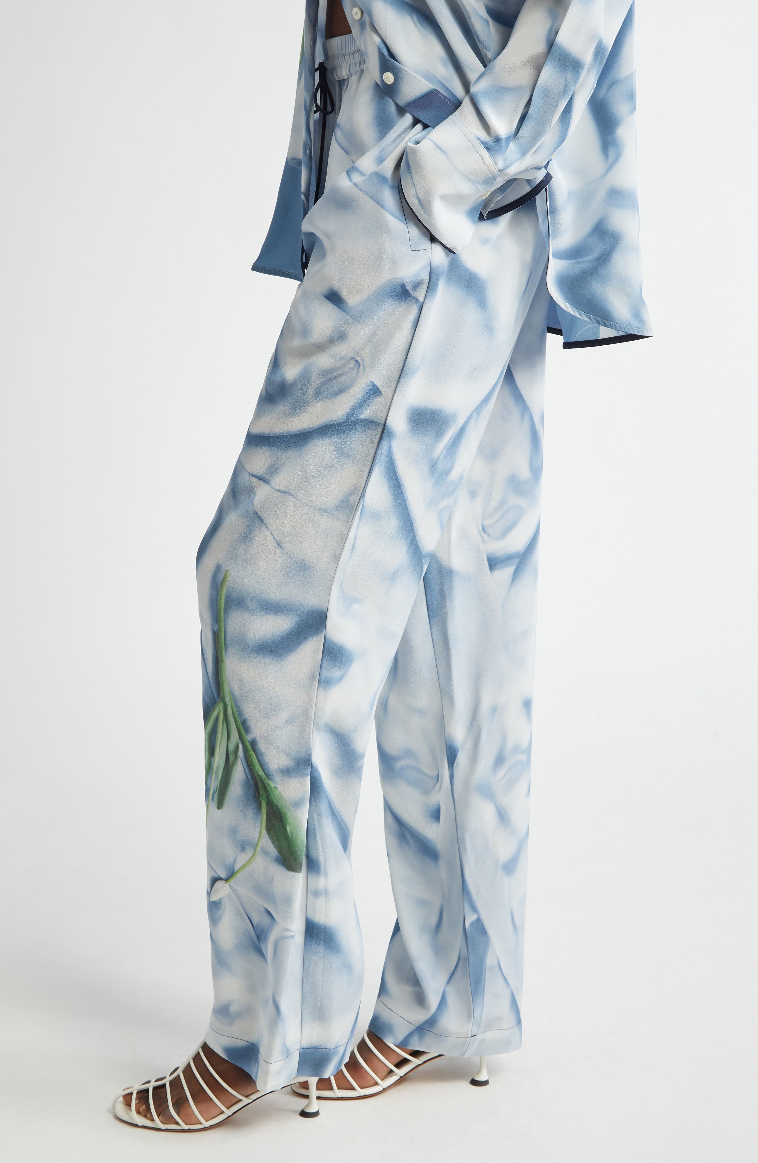 Victoria Beckham Pleat Detail & Flowers Trompe l'Oeil Silk Satin Pants in Satin Flowers Ice Blue at  - 4