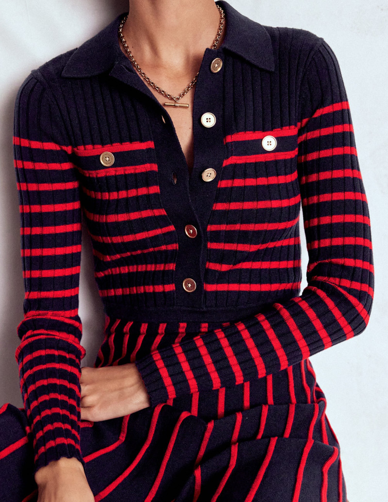 Brönte Knitted Rib Shirt Dress-Navy and Red Stripe 7