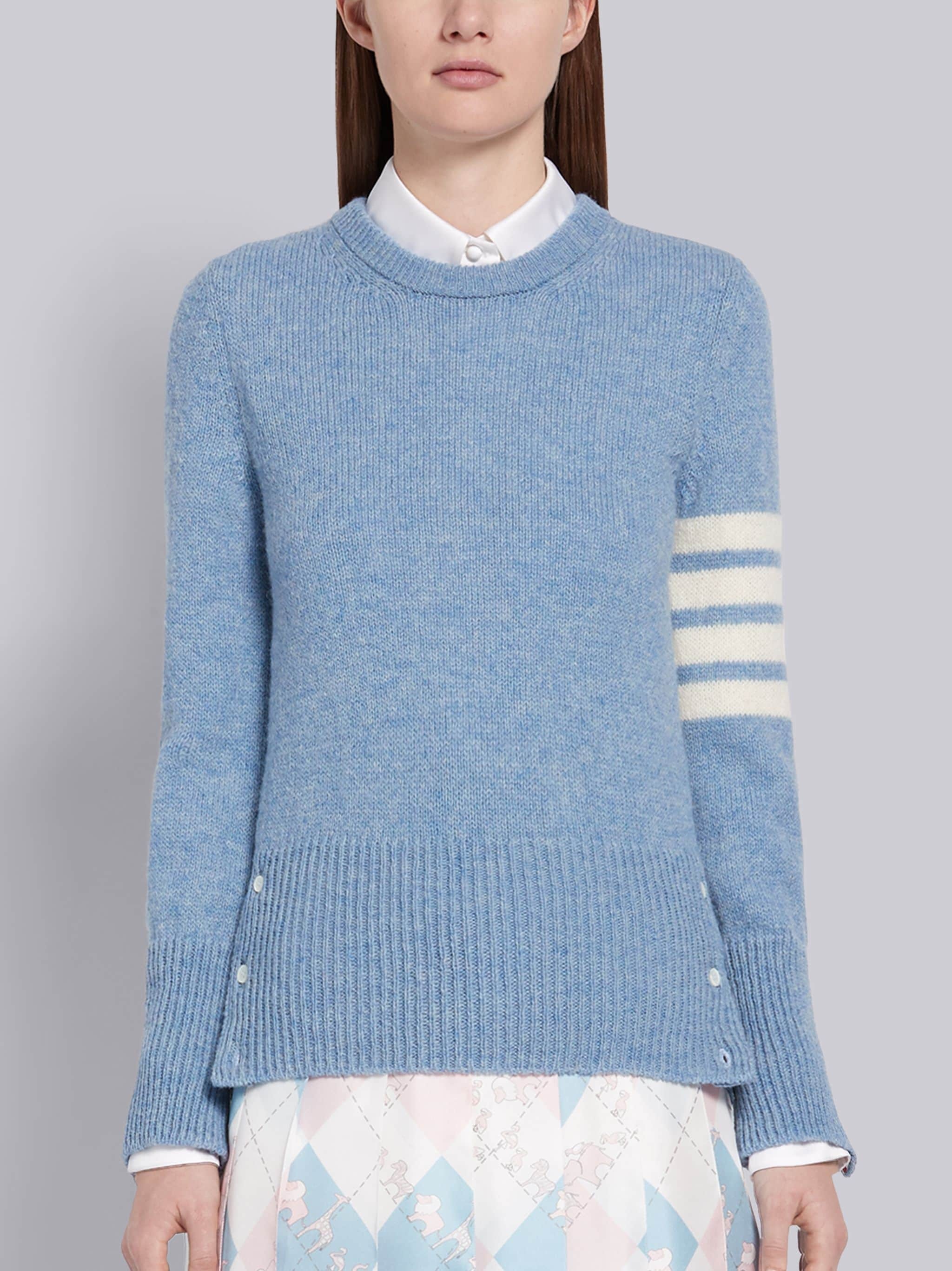 Light Blue Shetland Wool Jersey Classic Crewneck 4-Bar Pullover - 1