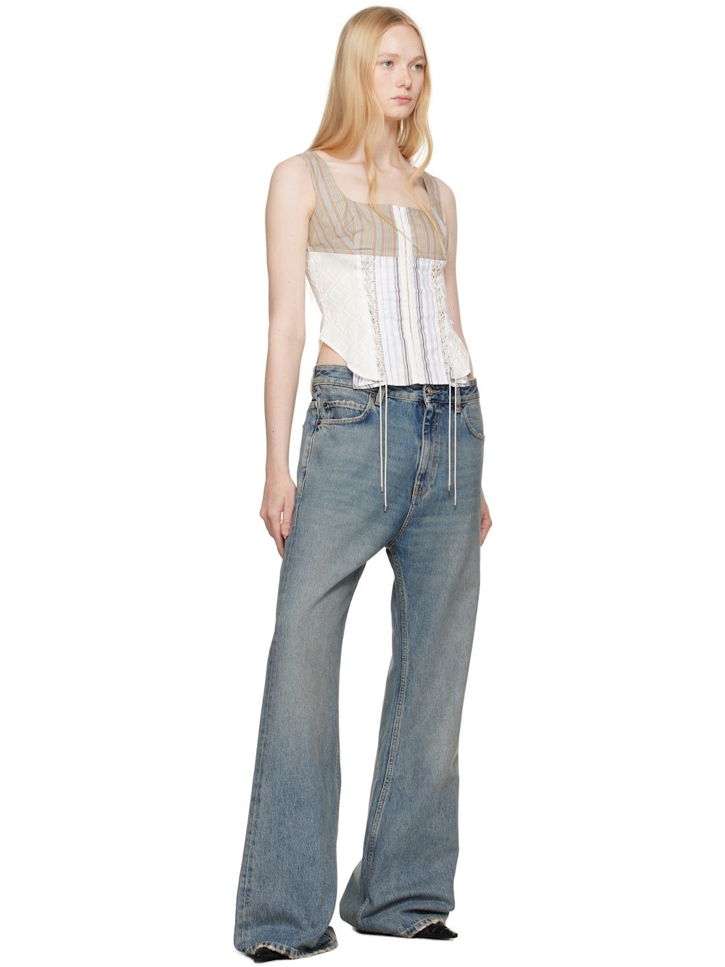 Beige Regenerated Striped Poplin Bustier Top - 4