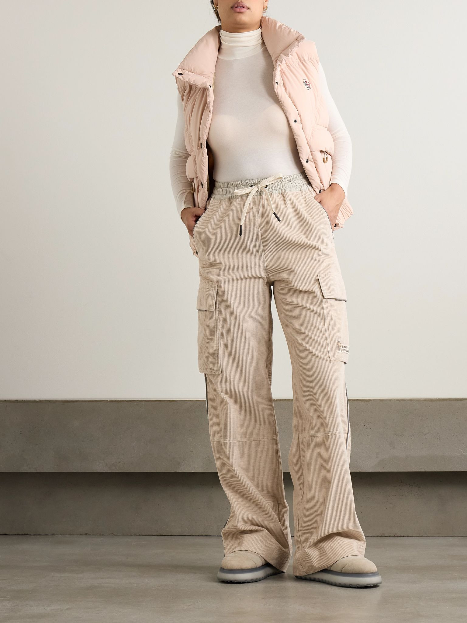 Shell-trimmed cotton-corduroy wide-leg pants Beige - 2
