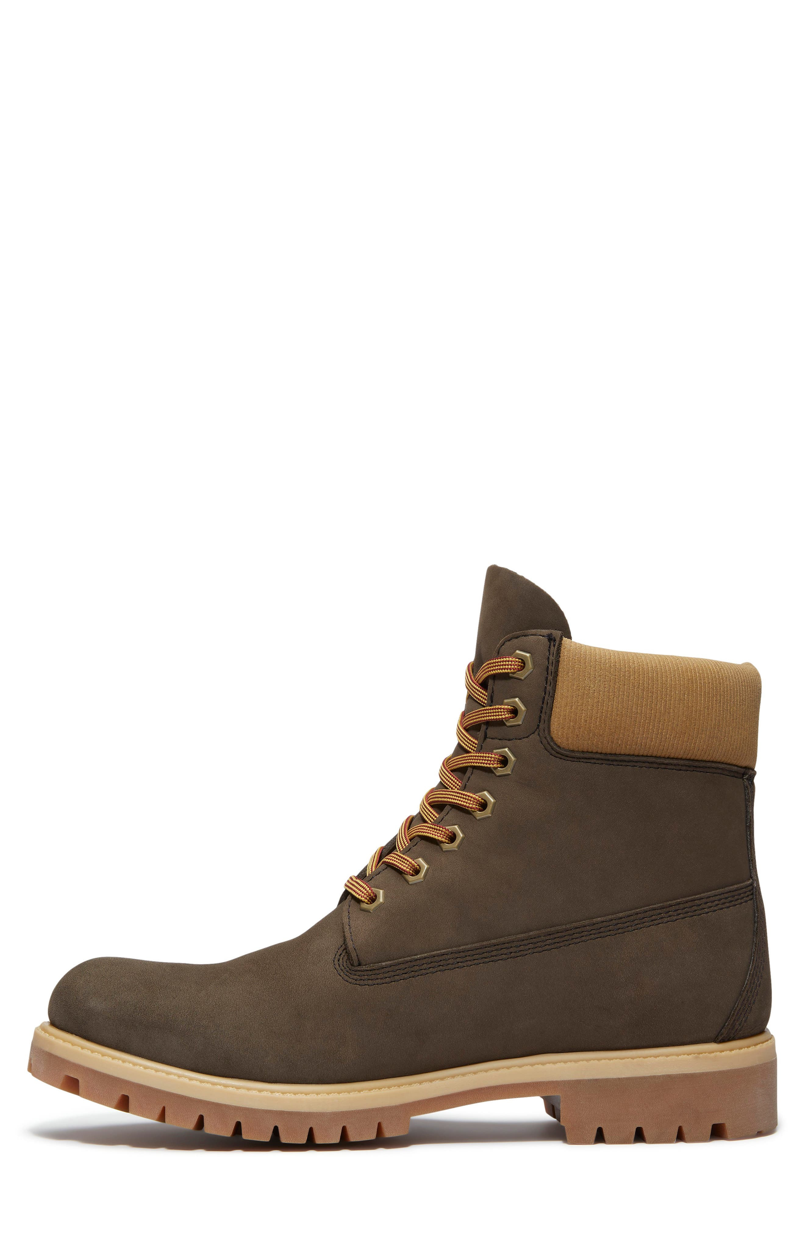 Timberland Premium 6-Inch Waterproof Boot in Dark Brown Nubuck/Olive at Nordstrom - 7