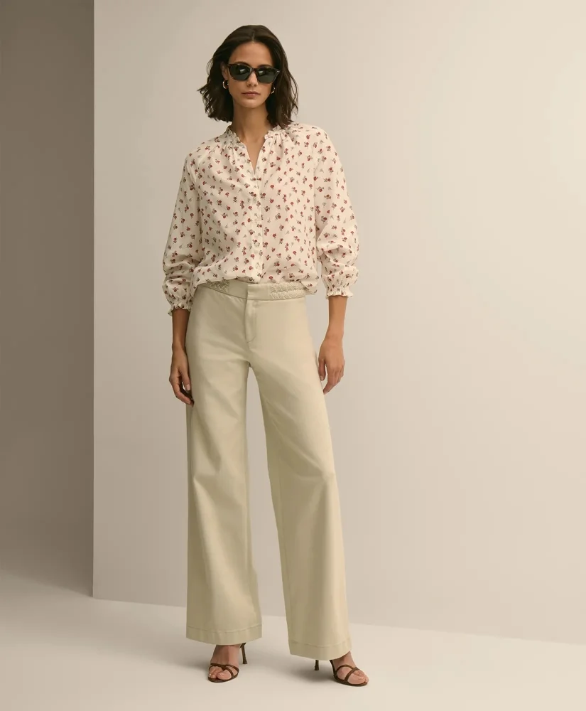 Cotton Twill Braided-Detail Wide-Leg Pants - 1