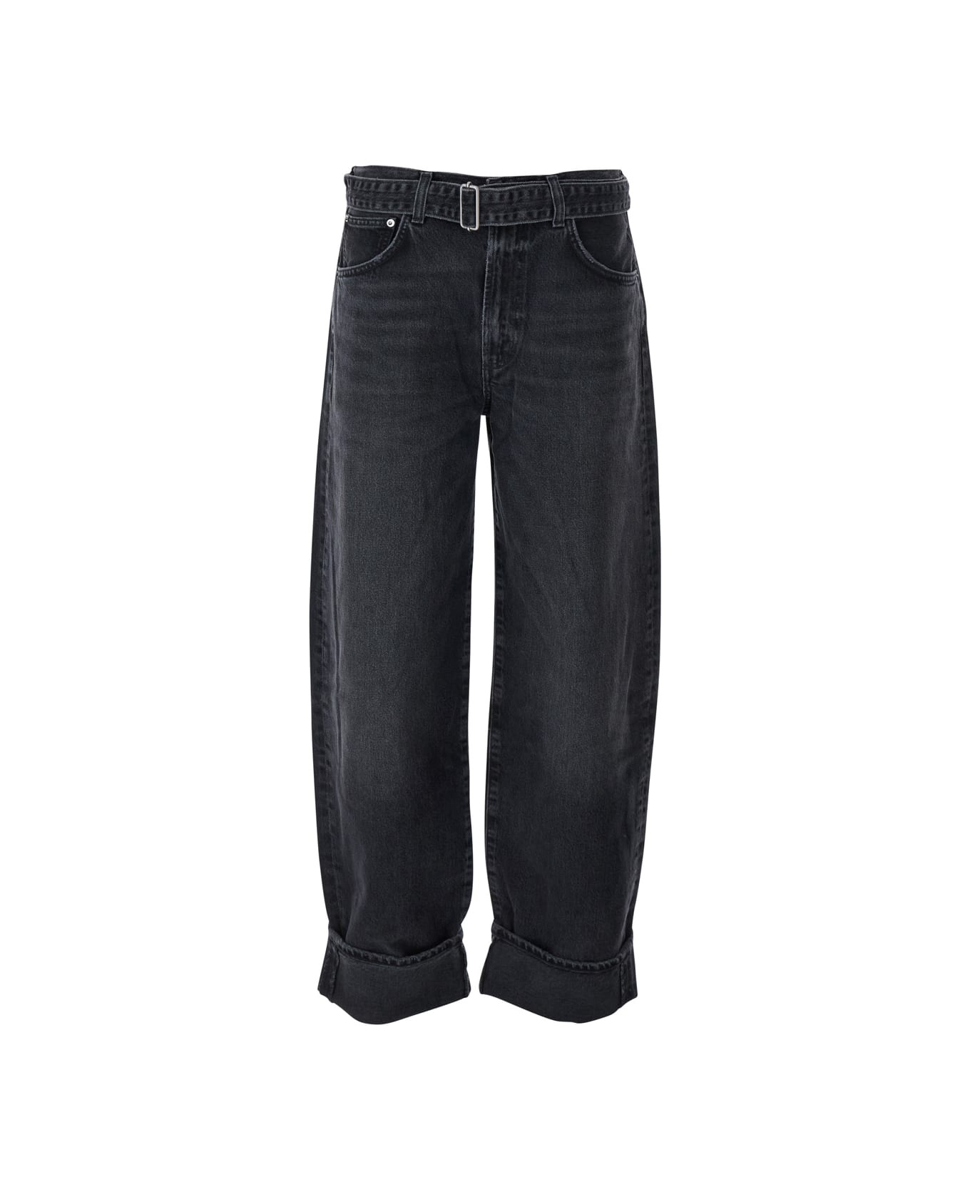 'arcane' Grey Jeans With Belt And Turn-up Hem In Denim Woman - 1