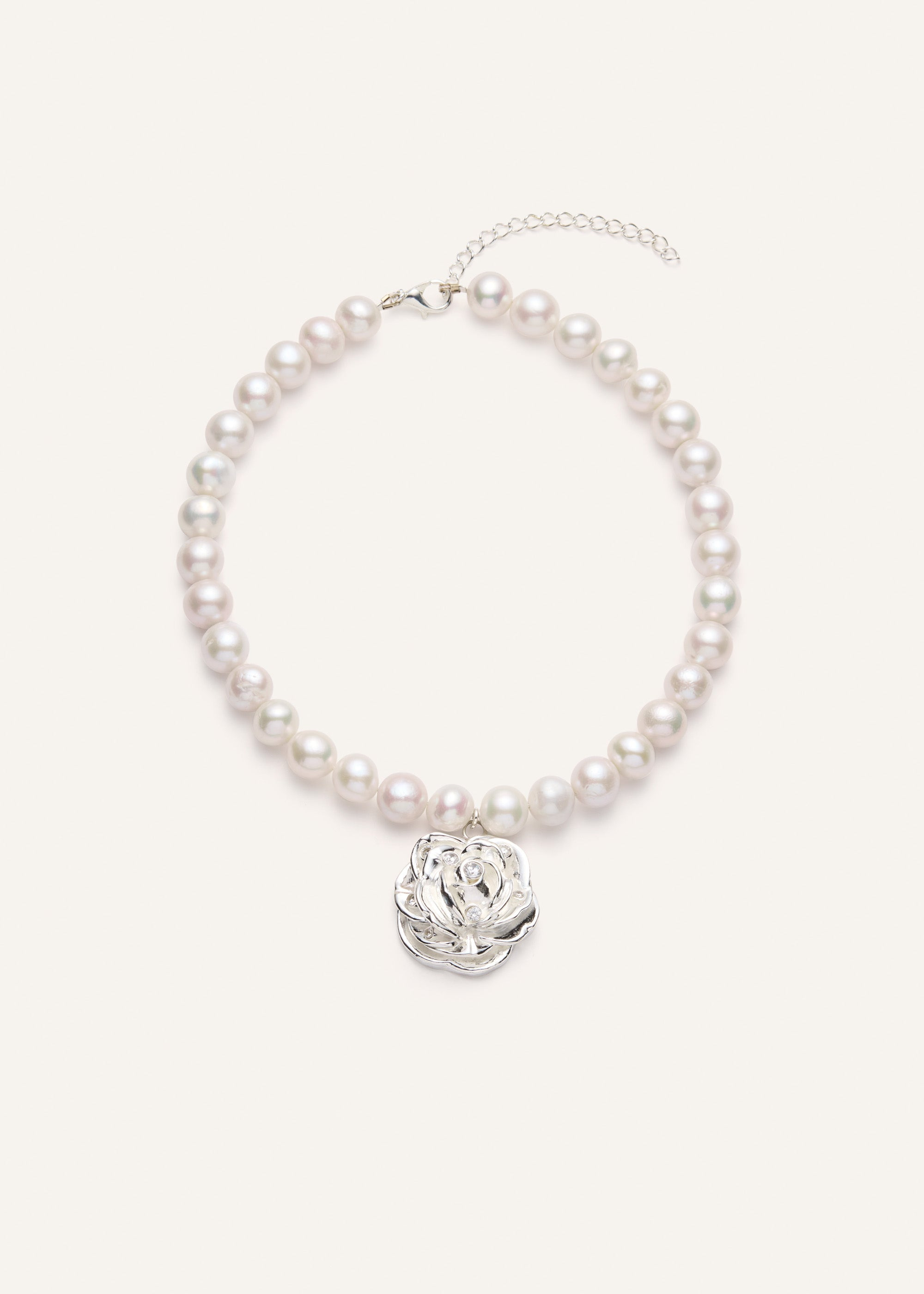 Pearl necklace with silver rose pendant - 1