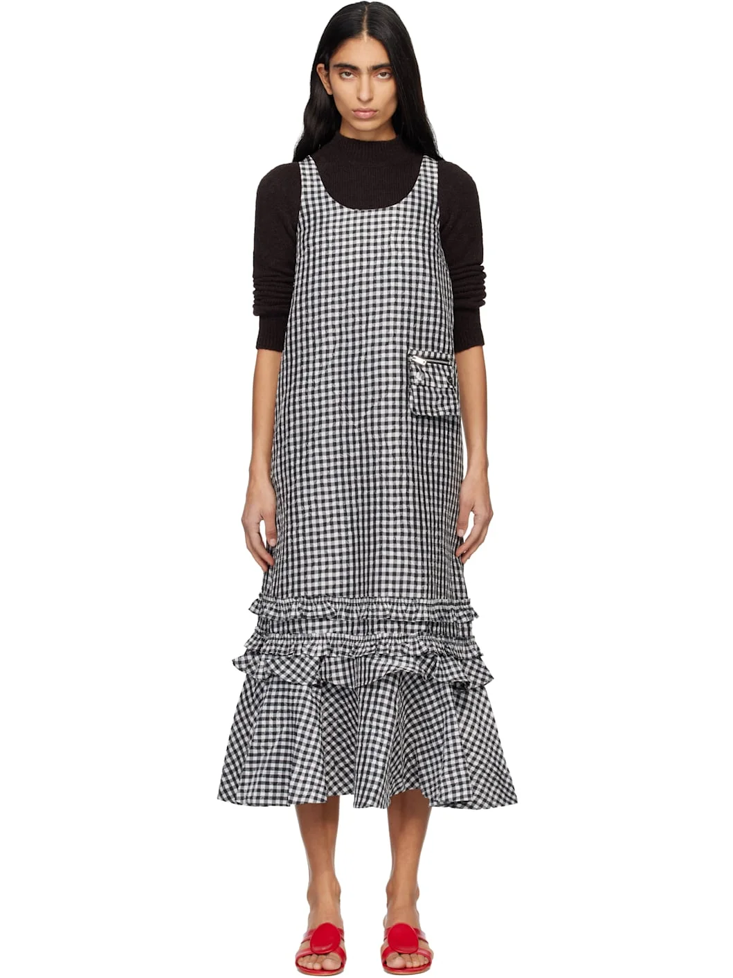 Black & White Crinkled Check Midi Dress - 1
