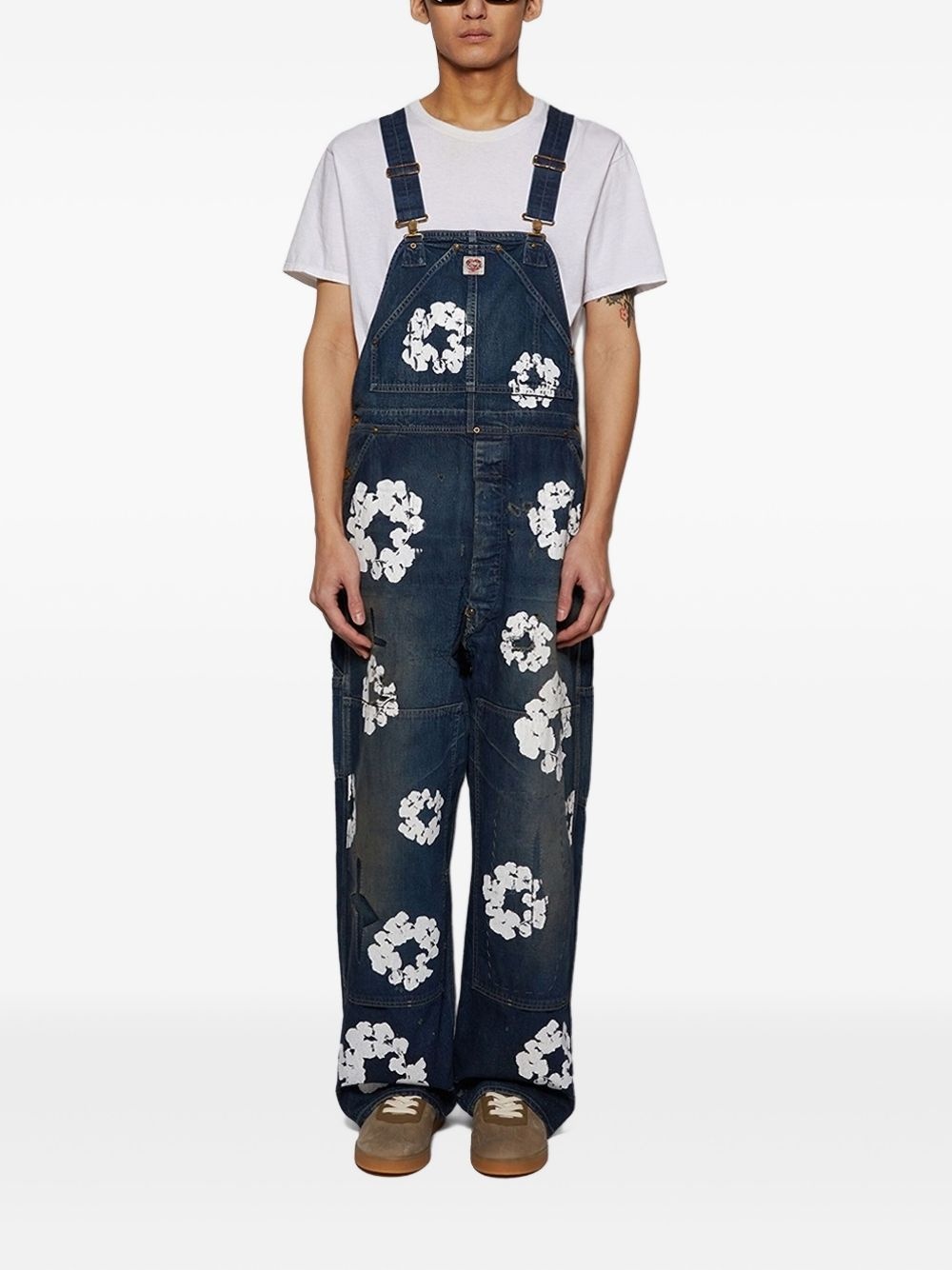 wreath-print denim overalls - 3