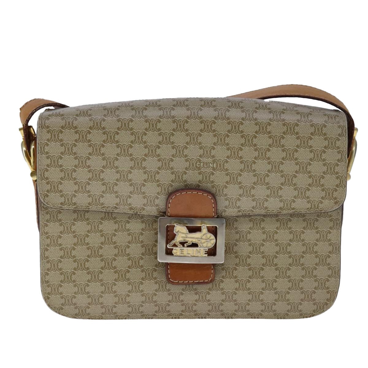 CELINE Macadam Canvas Shoulder Bag Pvc Beige Gold - 13