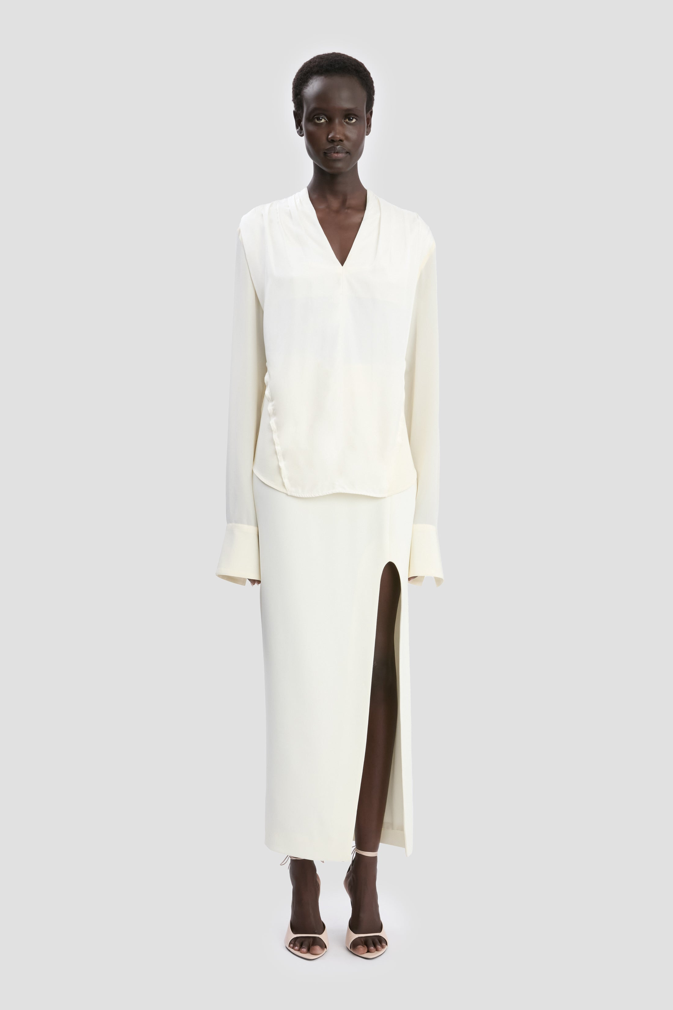 V-Neck Gathered Top In Ivory - 2