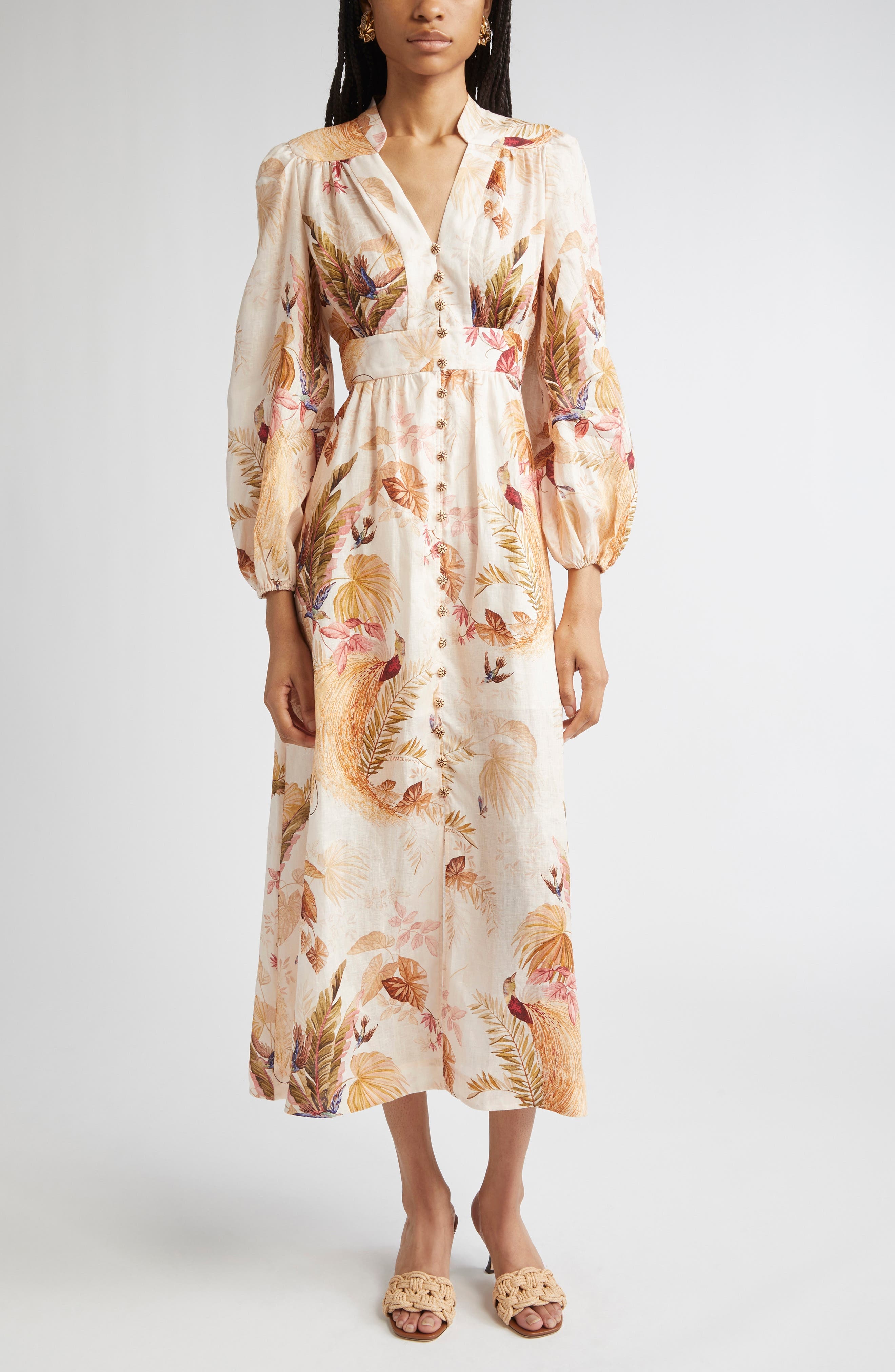 Zimmermann Ascension Print Linen Midi Dress in Cream Palm Floral at Nordstrom - 1