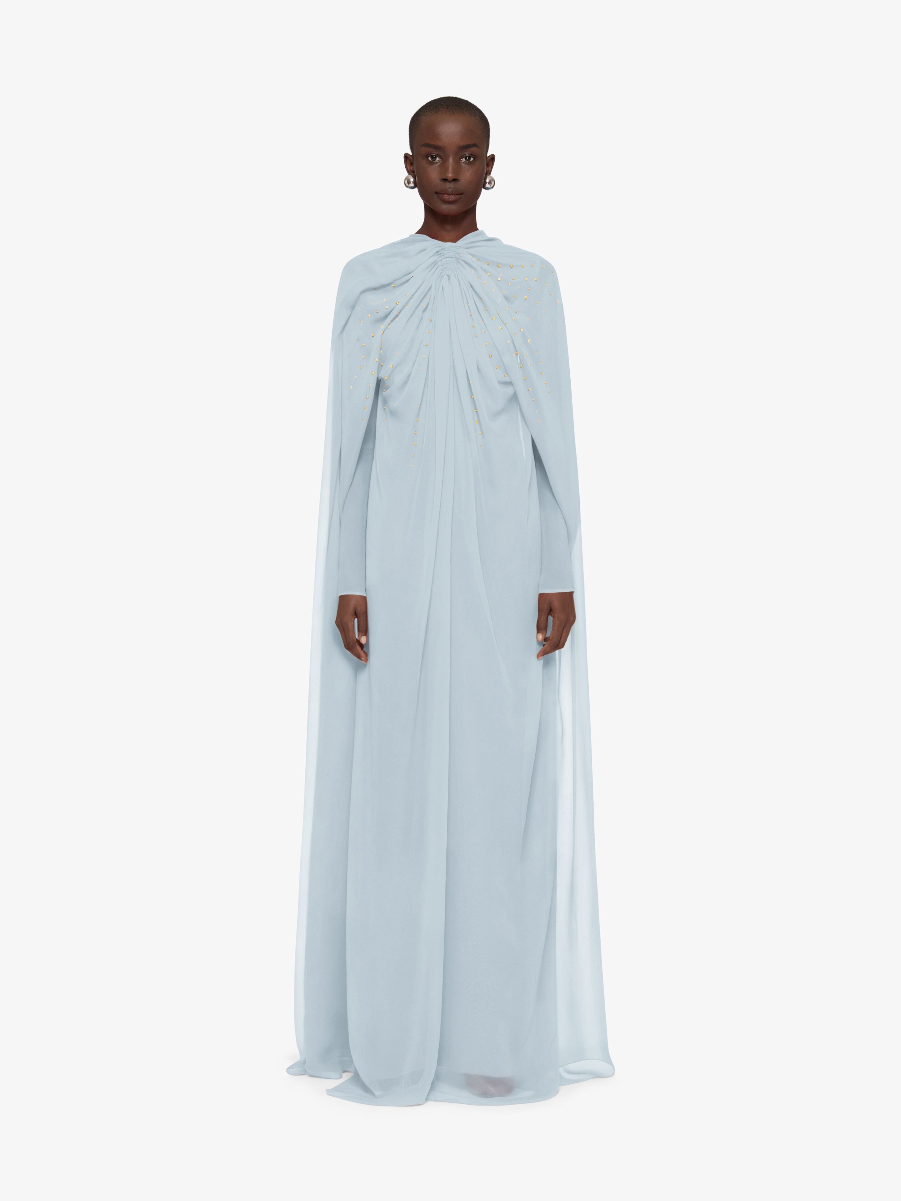 EVENING CAPE DRESS IN SILK GEORGETTE WITH PEARLS - 2