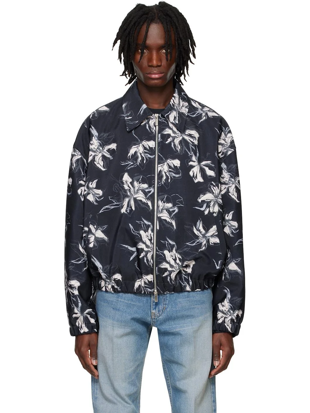 Navy Flower Printed Bomber Jacket - 1