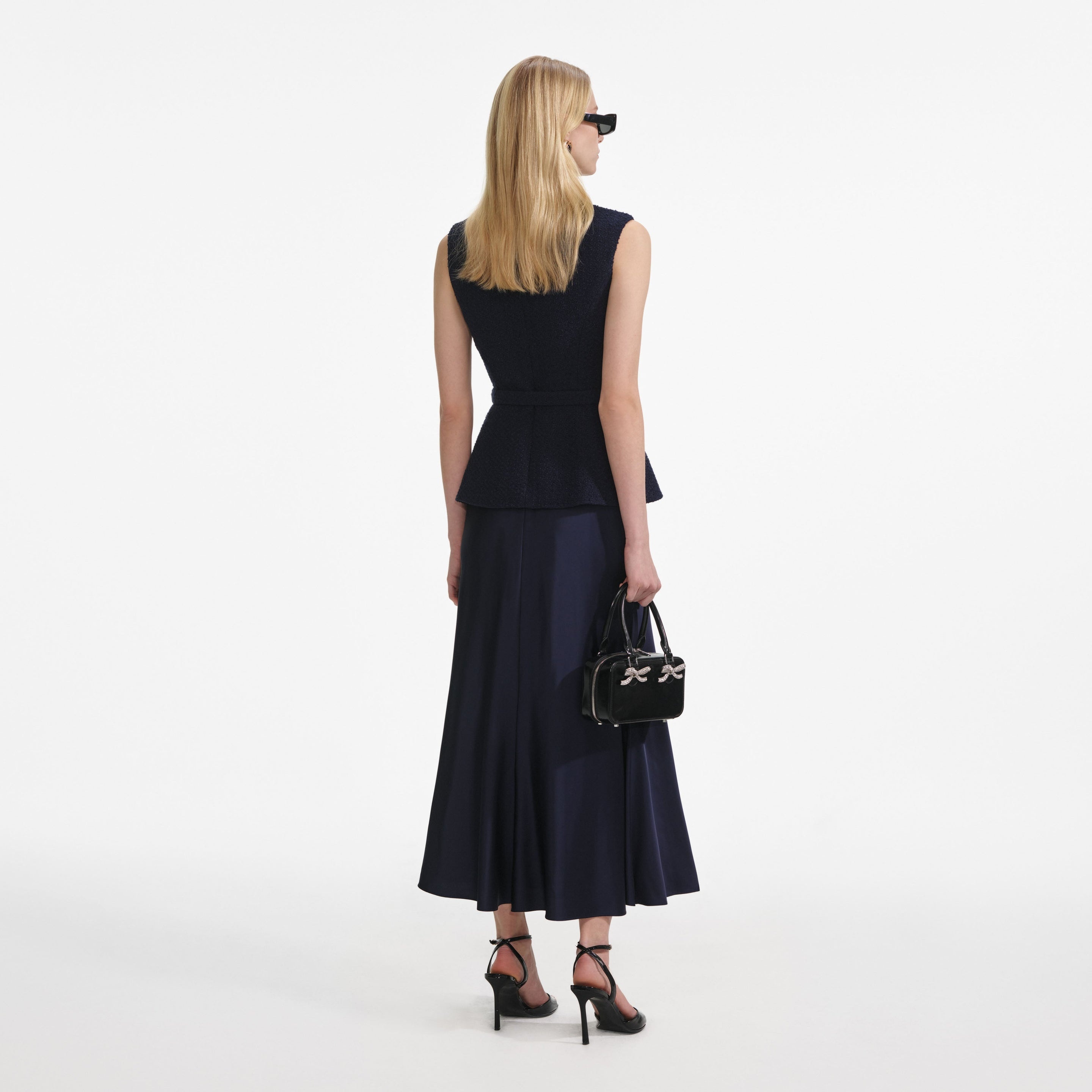 Navy Boucle Sleeveless Midi Dress - 3