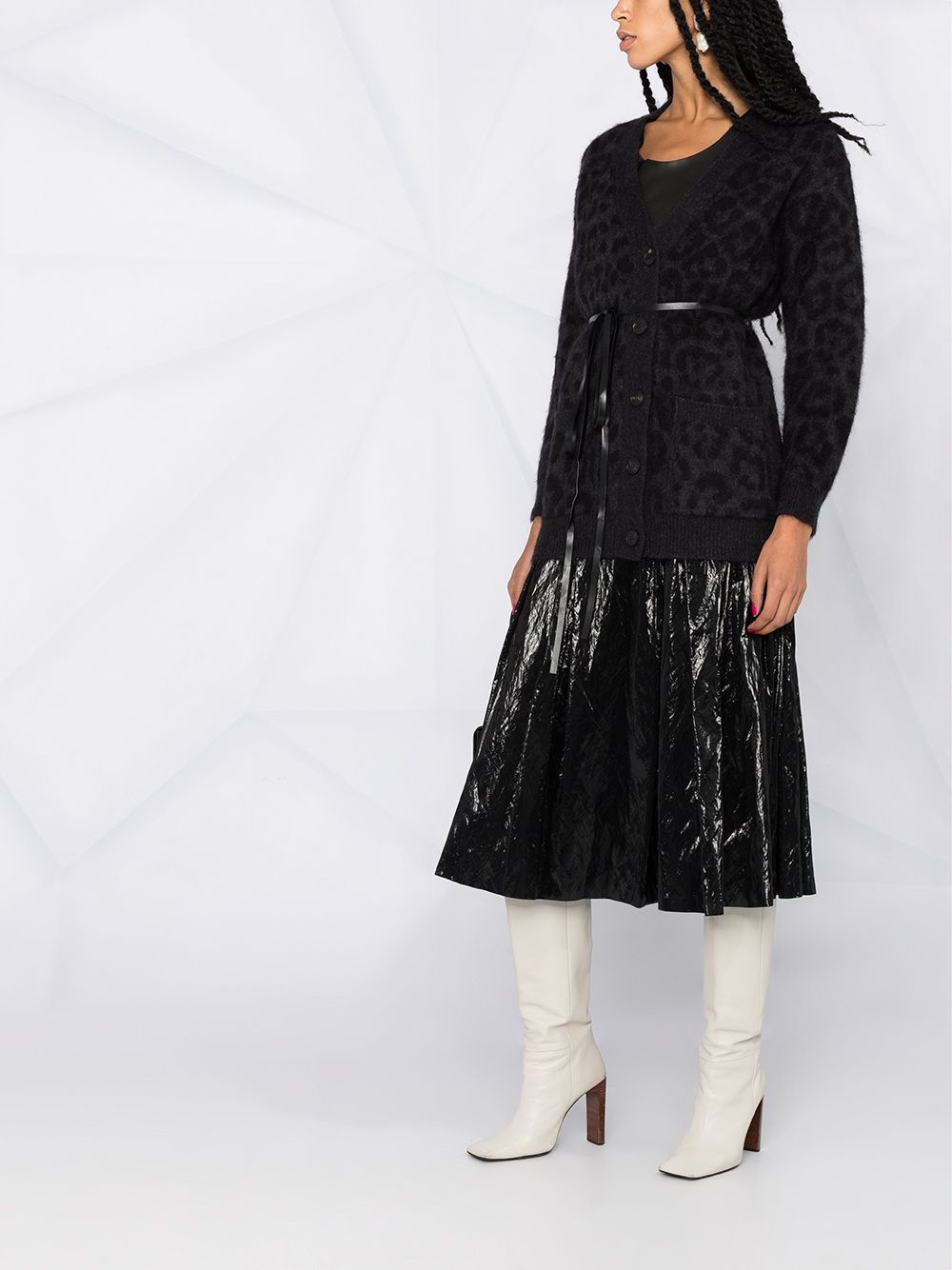 leopard pattern belted V-neck cardigan - 6
