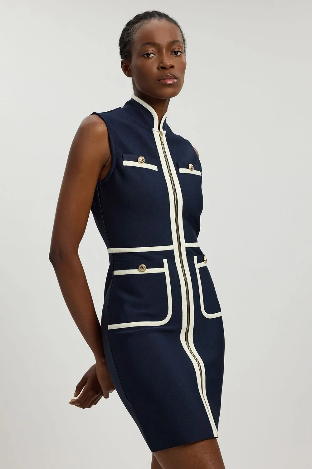 Figure Form Bandage Knit Piping Detail Military Sleeveless Mini Dress - 1