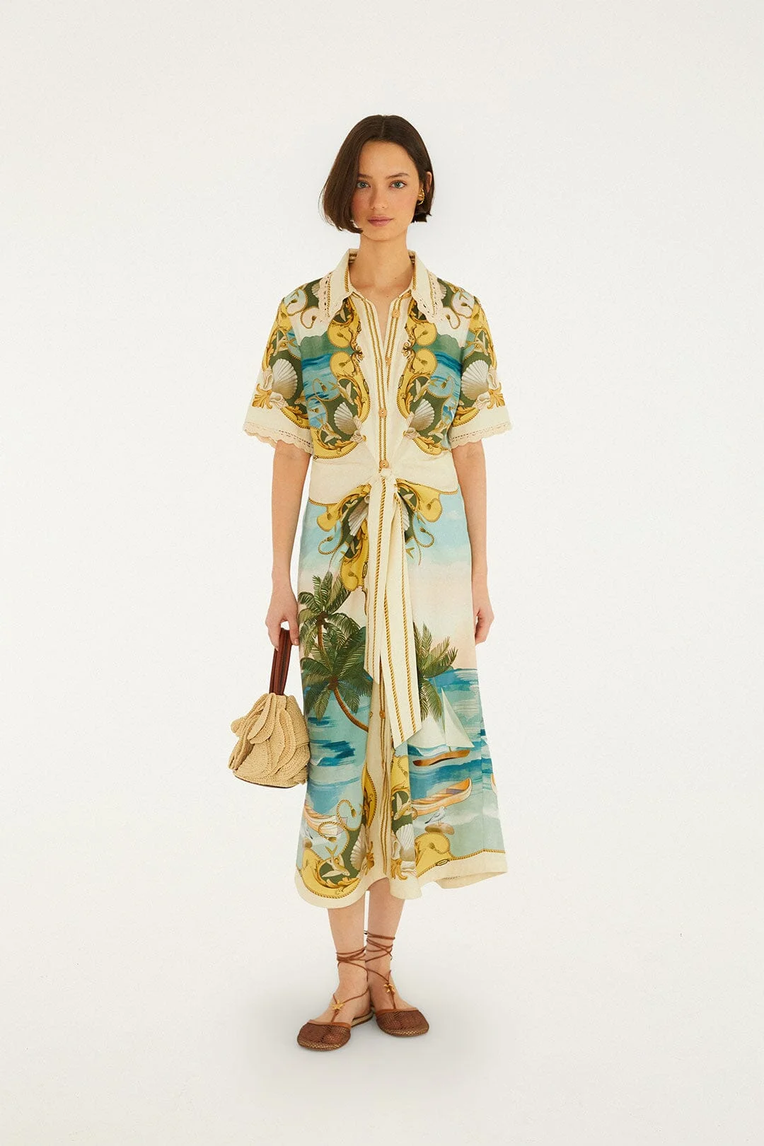 Off-White Royal Sea Collared Lenzing Ecovero Euroflax Midi Dress - 1