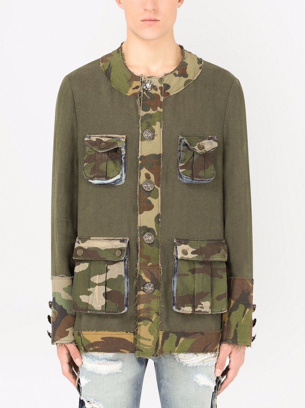 camouflage-trim collarless jacket - 3