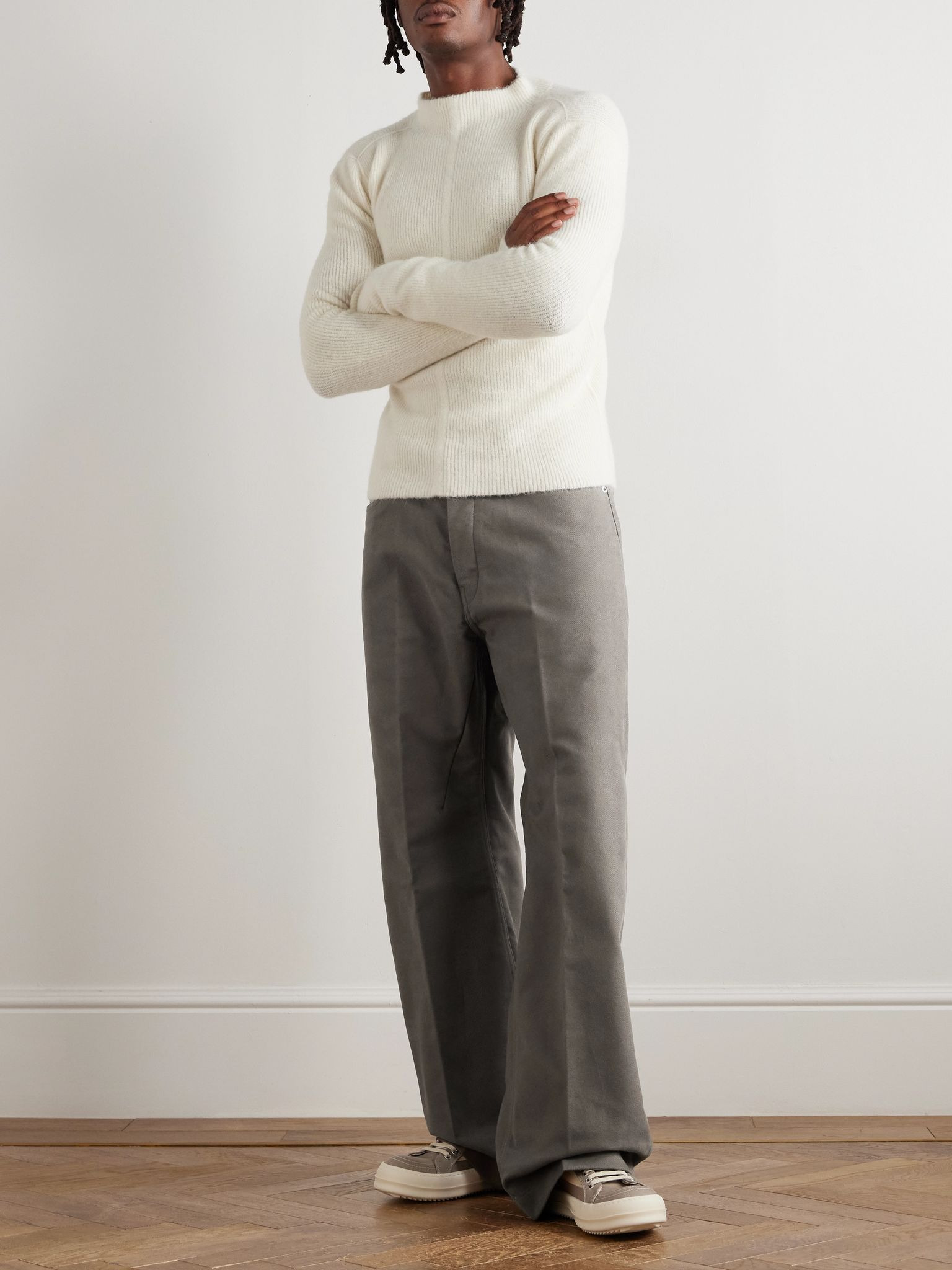 Geth Wide-Leg Brushed Organic Cotton-Twill Trousers Gray - 2