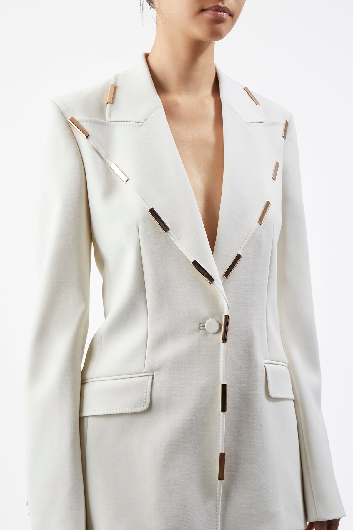 Leiva Blazer in Ivory Sportswear Wool with Gold Bars - 6