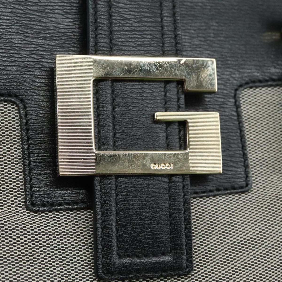GUCCI Hand Bag Canvas Leather Gray Black Gold - 14