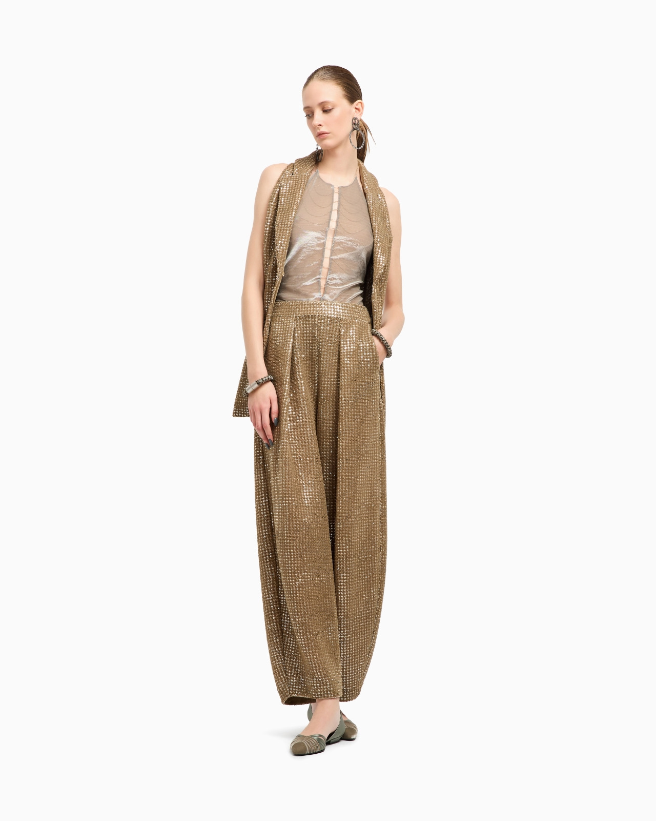 SINGLE-PLEAT JERSEY TROUSERS WITH A FLOCKED PRINT AND SEQUINS - 2