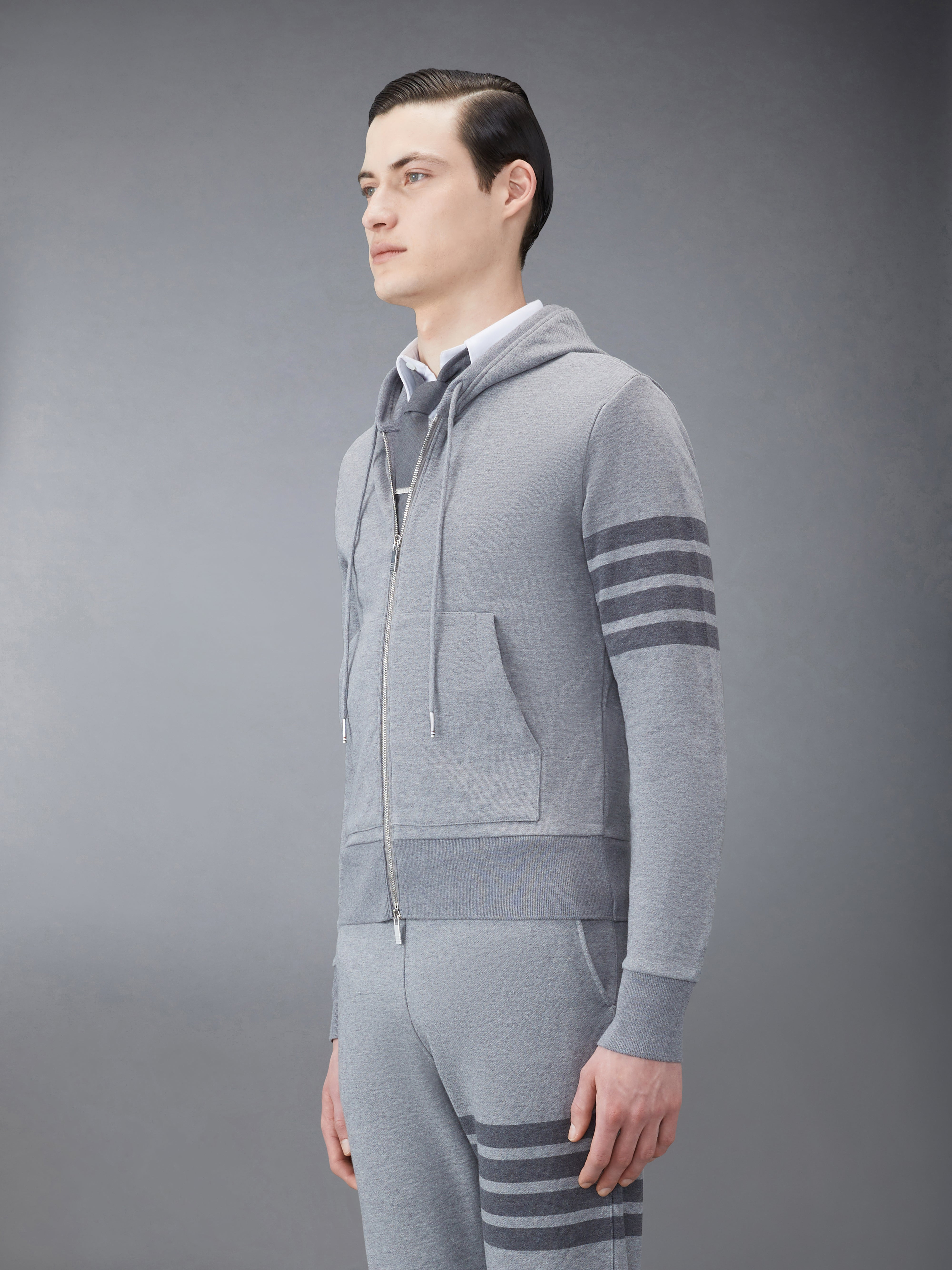 Medium Grey Cotton Loopback Relaxed Fit Tonal 4-Bar Zip-up Hoodie - 4