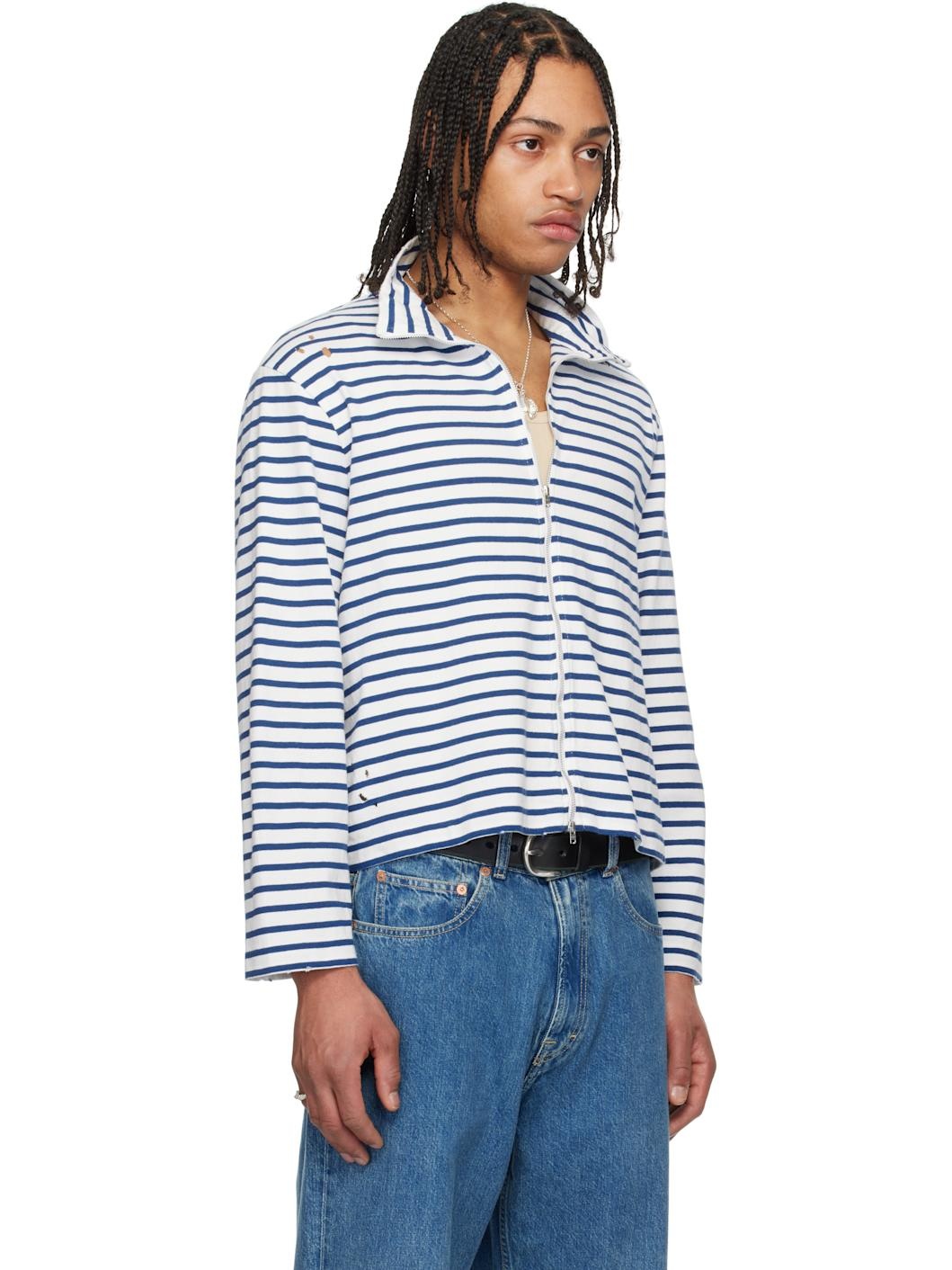 White & Blue Shrunken Fullzip Sweater - 2