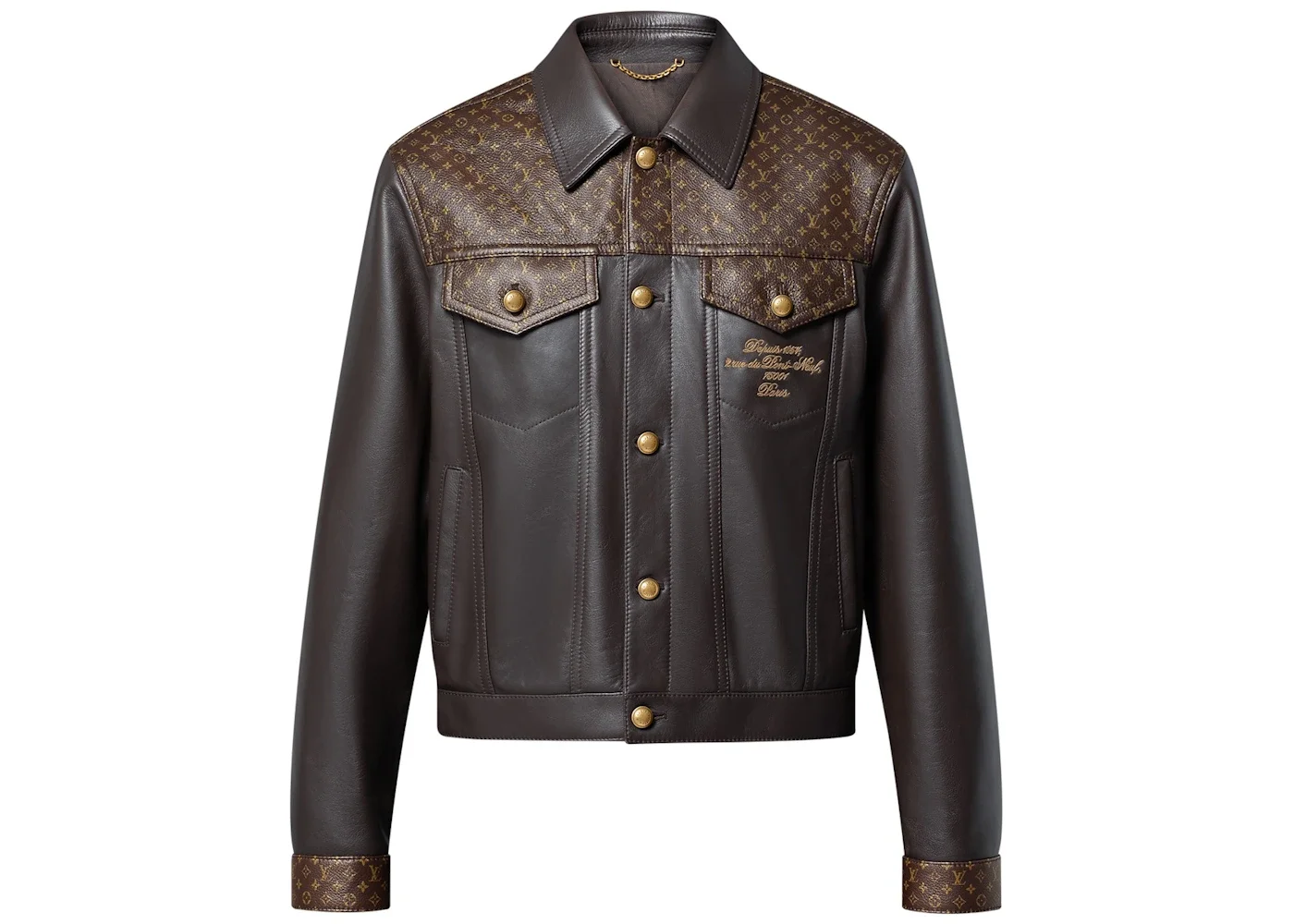 Louis Vuitton Embellished Leather Trucker Jacket Dark Brown - 1