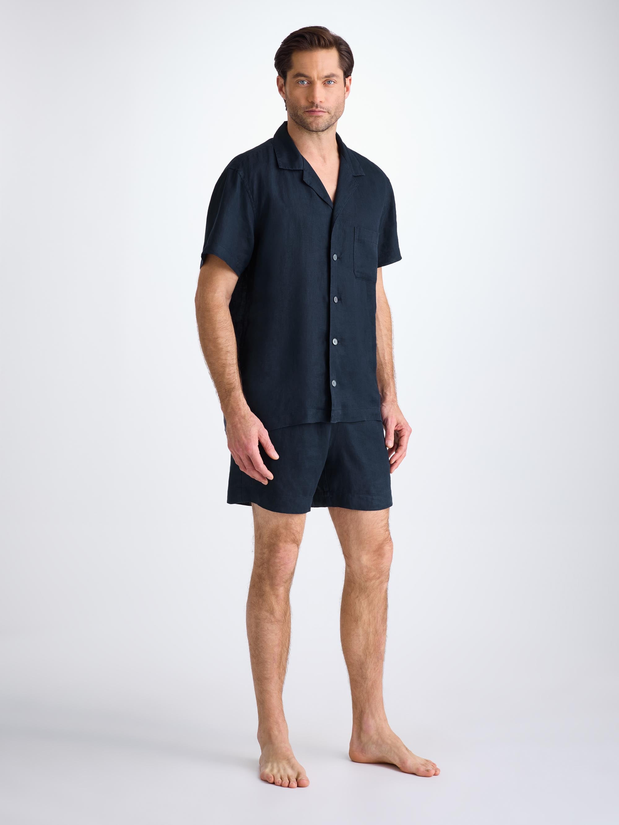 Men's Short Pajamas Sicily Linen Navy - 3