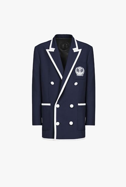 Navy blue wool blazer with embroidered Balmain logo and double-breasted white buttoned fastening - 1