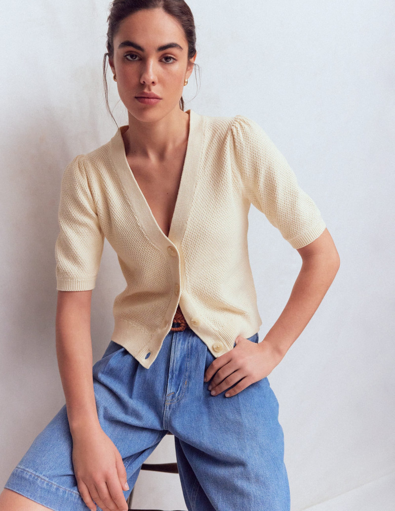 Hayley Cotton V-neck Cardigan-Warm Ivory 3
