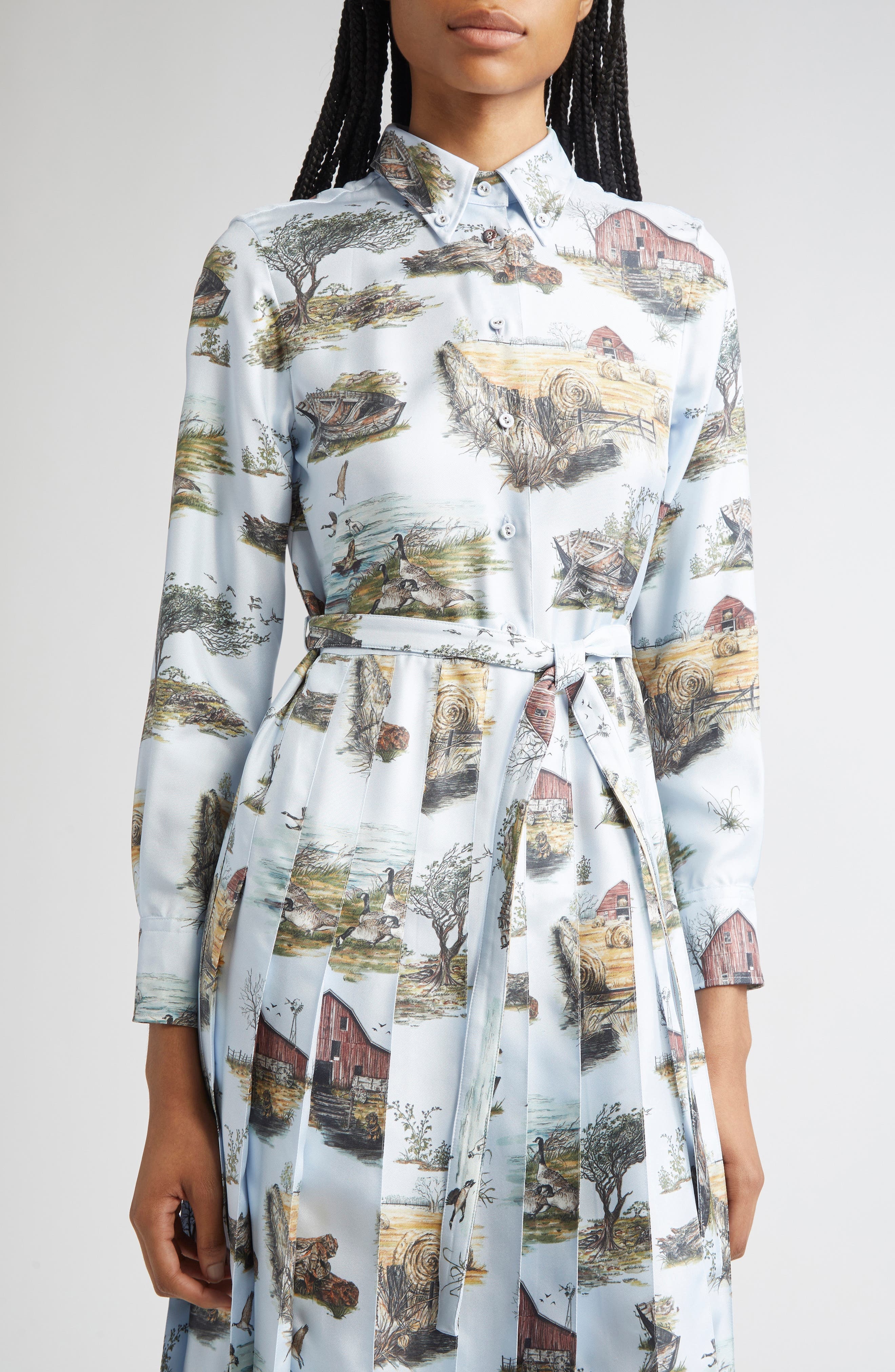 Thom Browne Long Sleeve Pleated Silk Toile Midi Shirtdress in Seasonal Multi at Nordstrom - 4