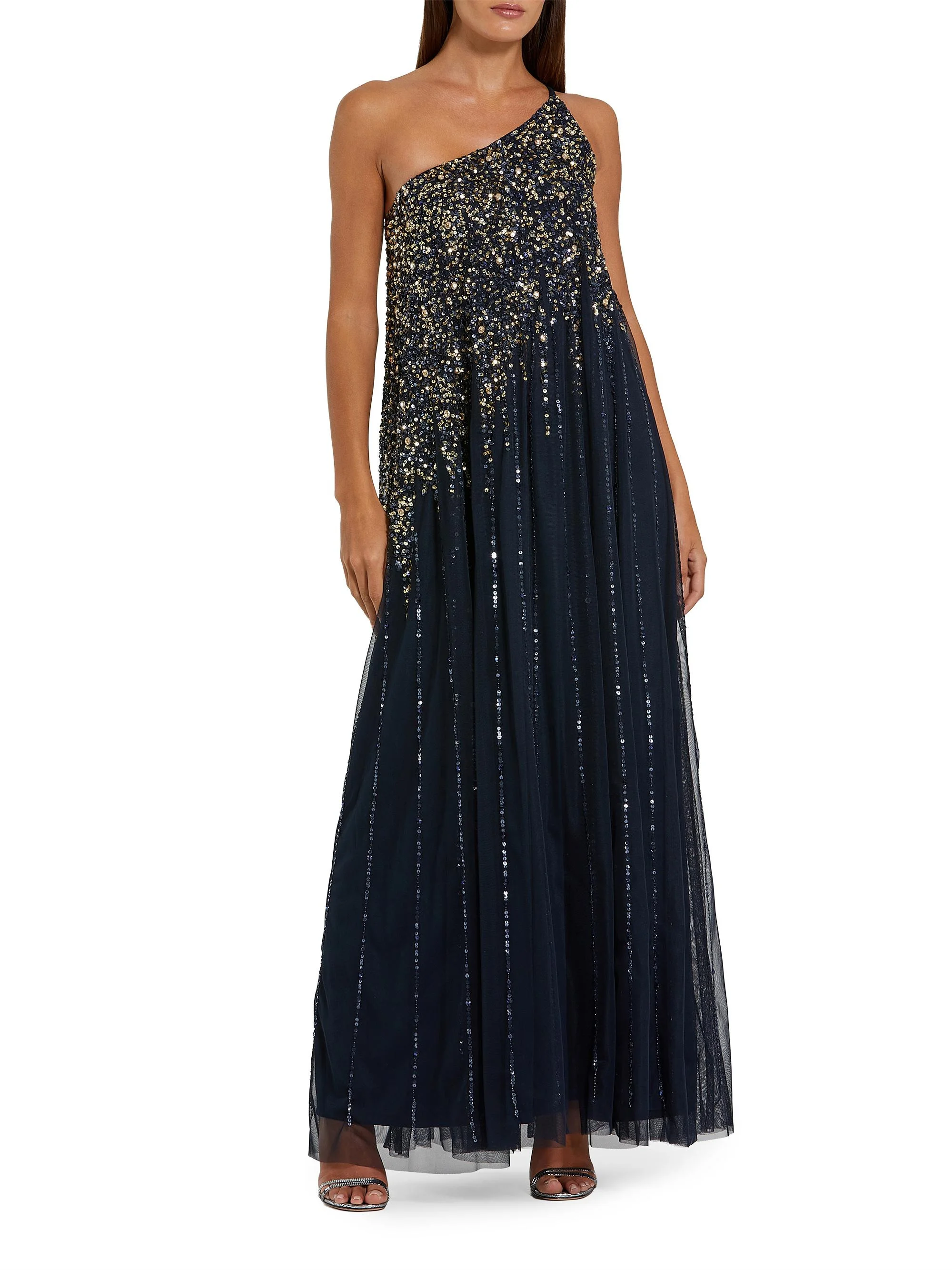 Women's One-Shoulder Beaded Tulle Trapeze Gown - Midnight Gold - 1