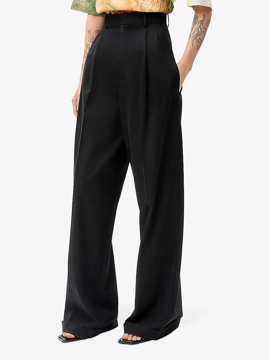 Pleated wide-leg mid-rise cotton-blend trousers - 3