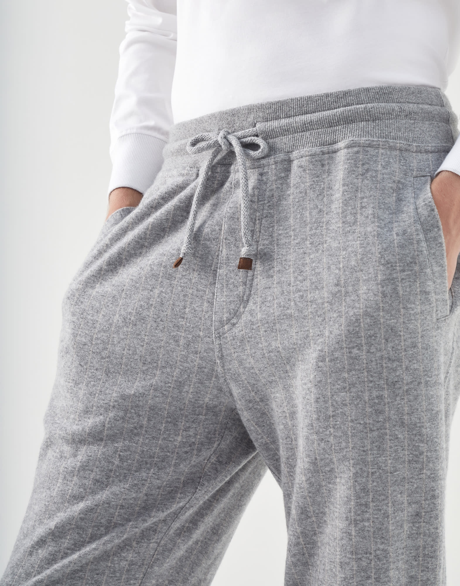 Cashmere and cotton chalk stripe French terry trousers with drawstring waistband and elasticated cuf - 3