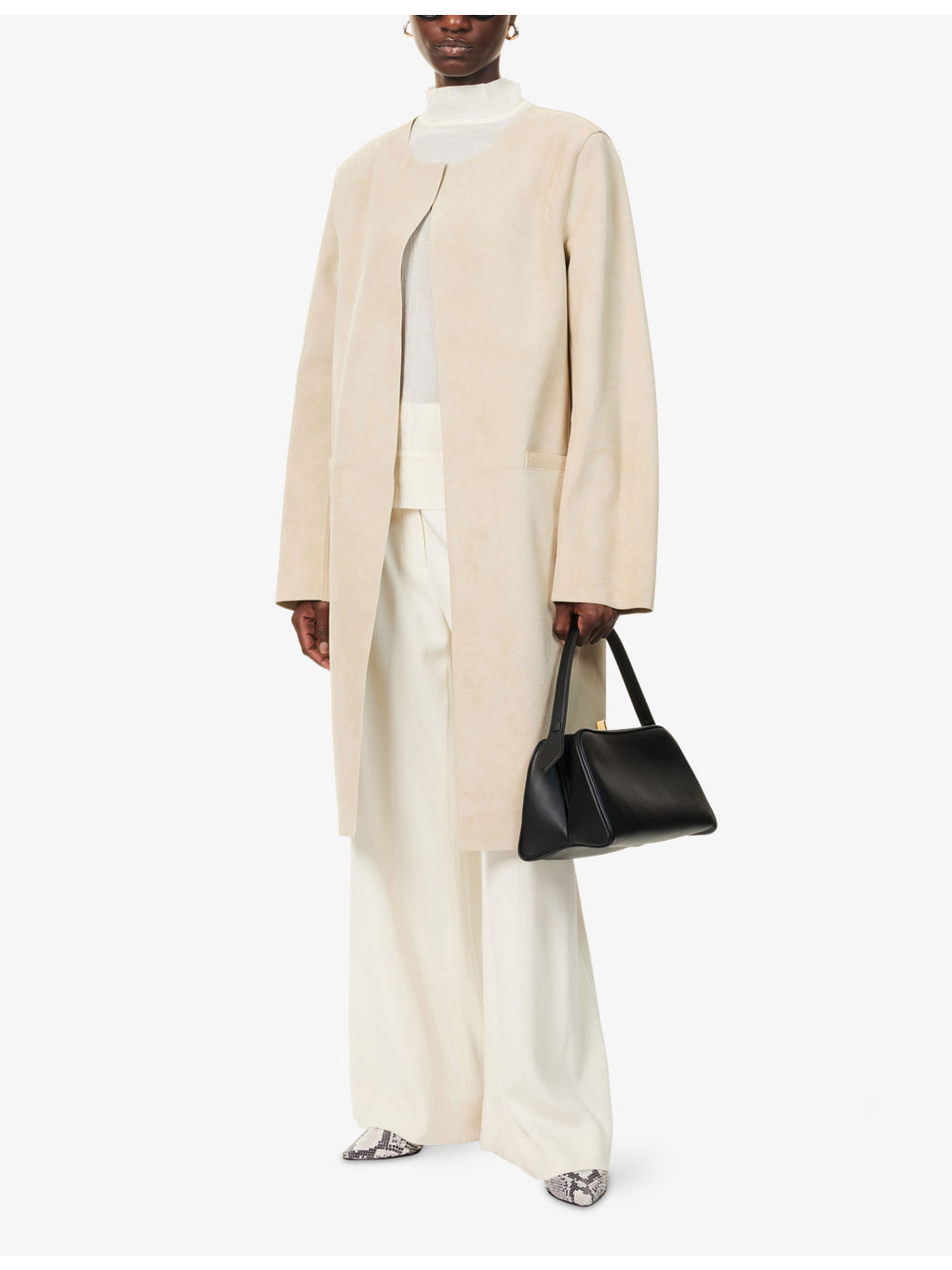 Collarless Relaxed-Fit Suede Coat - 2