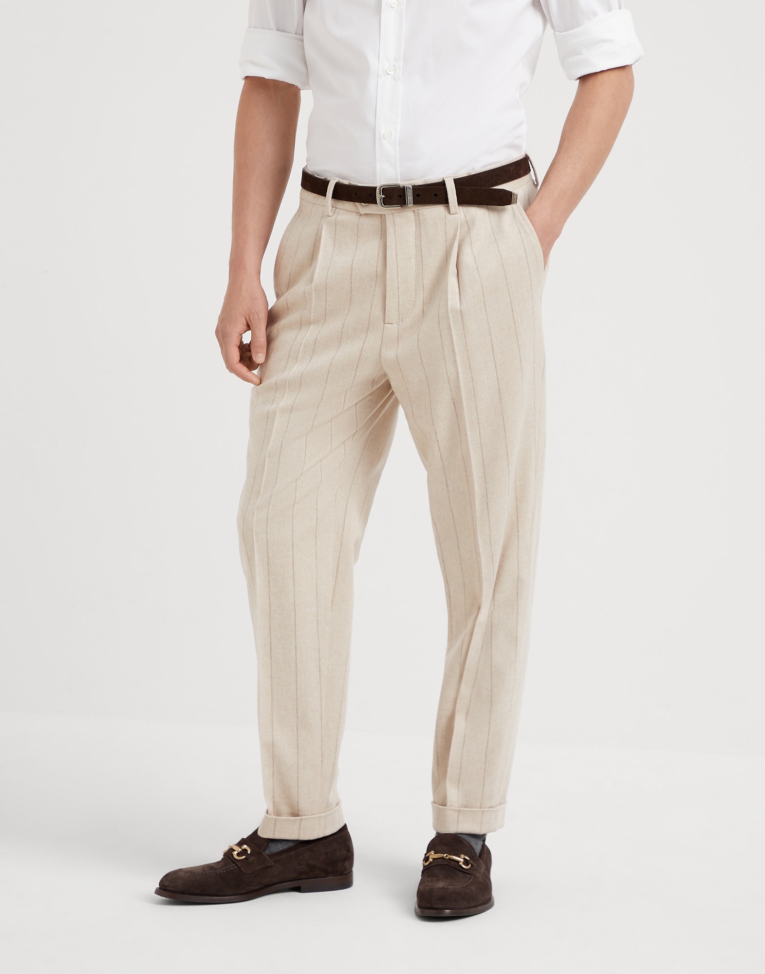 Wool and cashmere wide chalk stripe combed flannel leisure fit trousers with pleat - 1