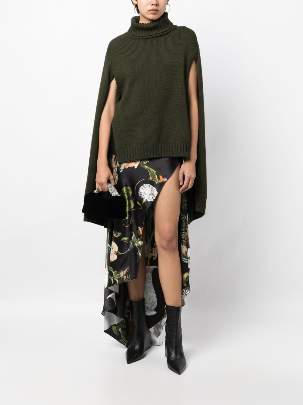 botanical-print satin draped skirt - 2